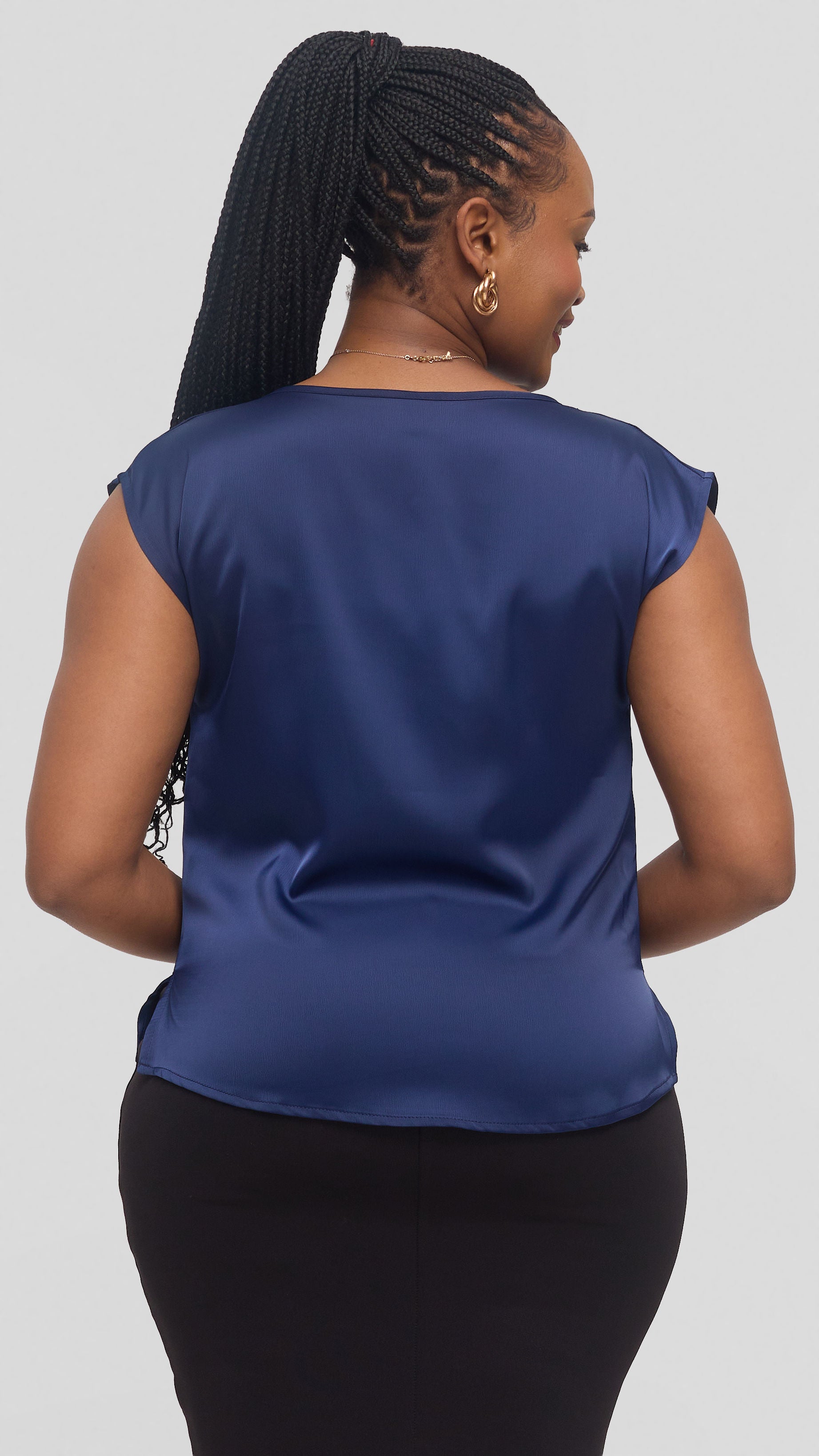 Vivo Drop Shoulder Cowl Top in Satin - Navy Blue