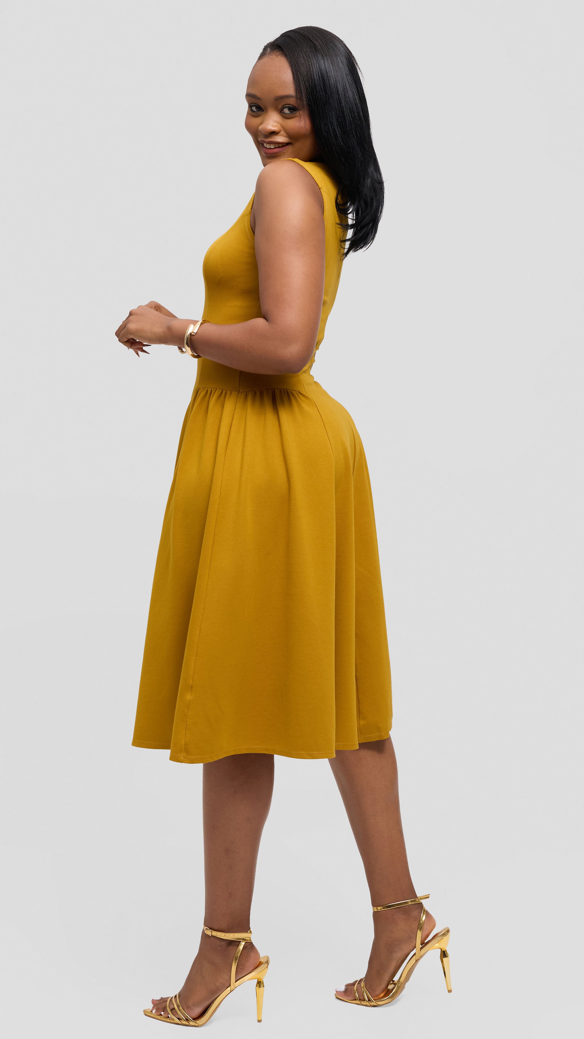 Vivo Panelled Waist Midi Dress in Ponte - Olive Green