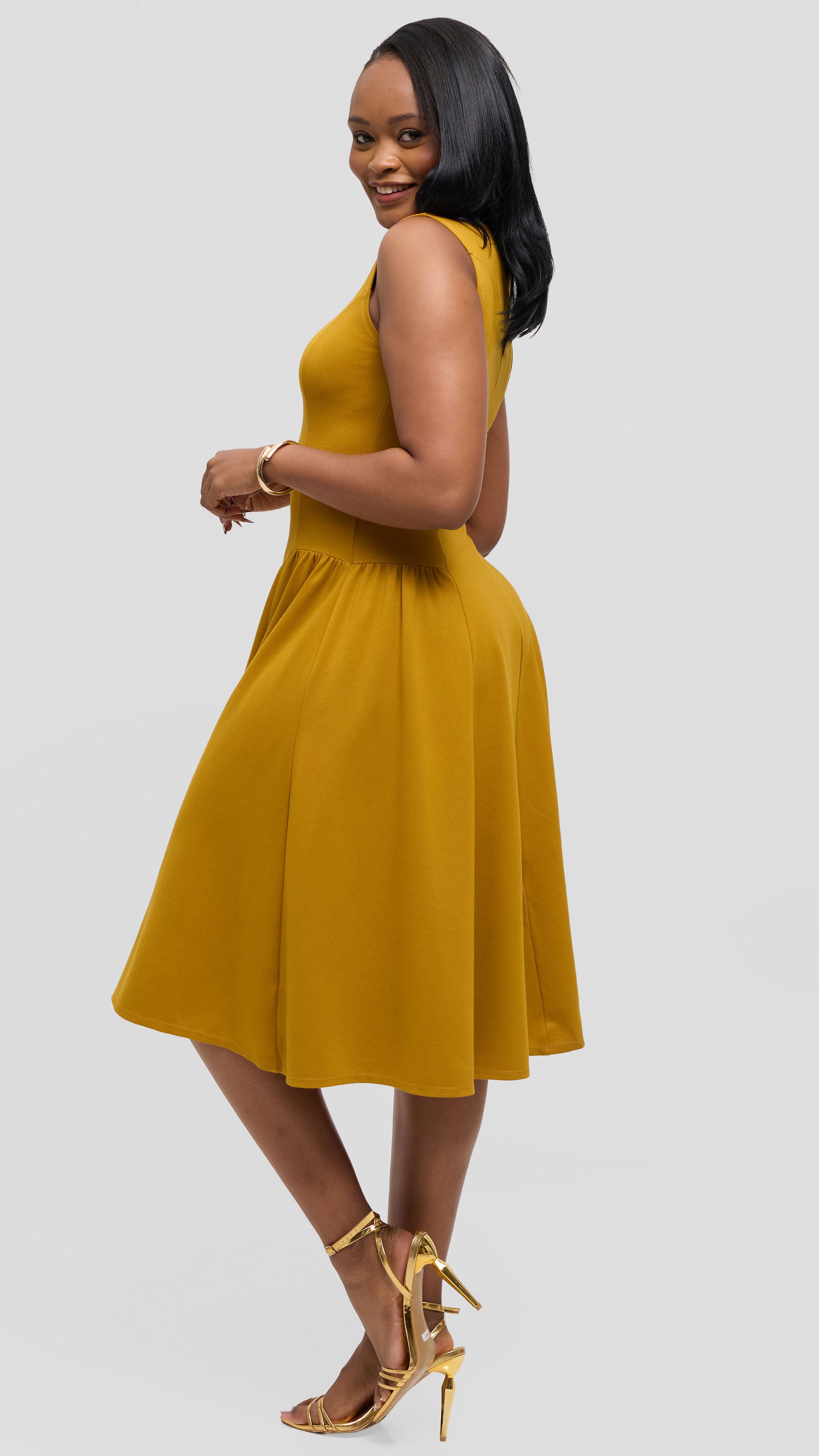 Vivo Panelled Waist Midi Dress in Ponte - Olive Green