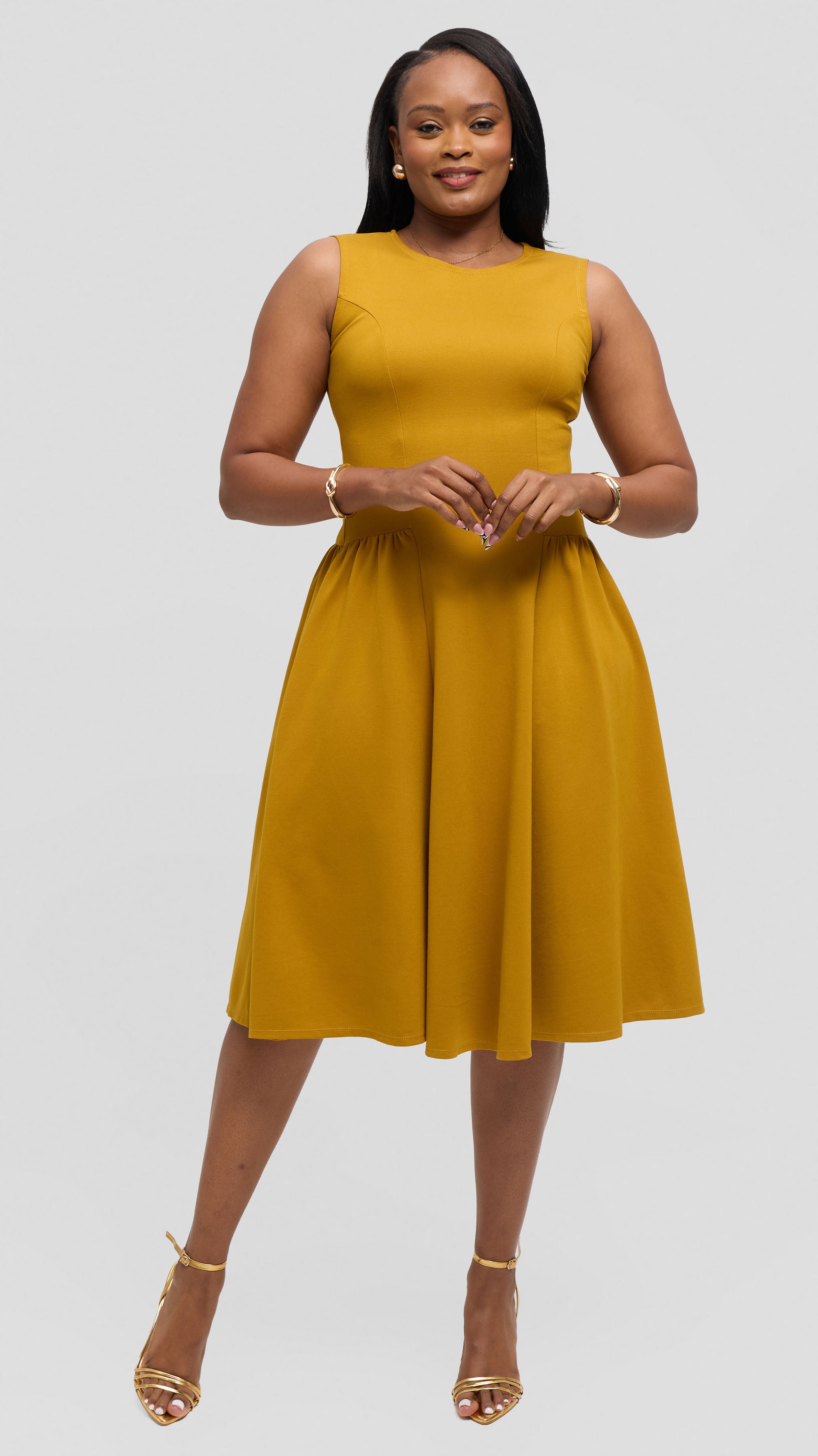 Vivo Panelled Waist Midi Dress in Ponte - Olive Green