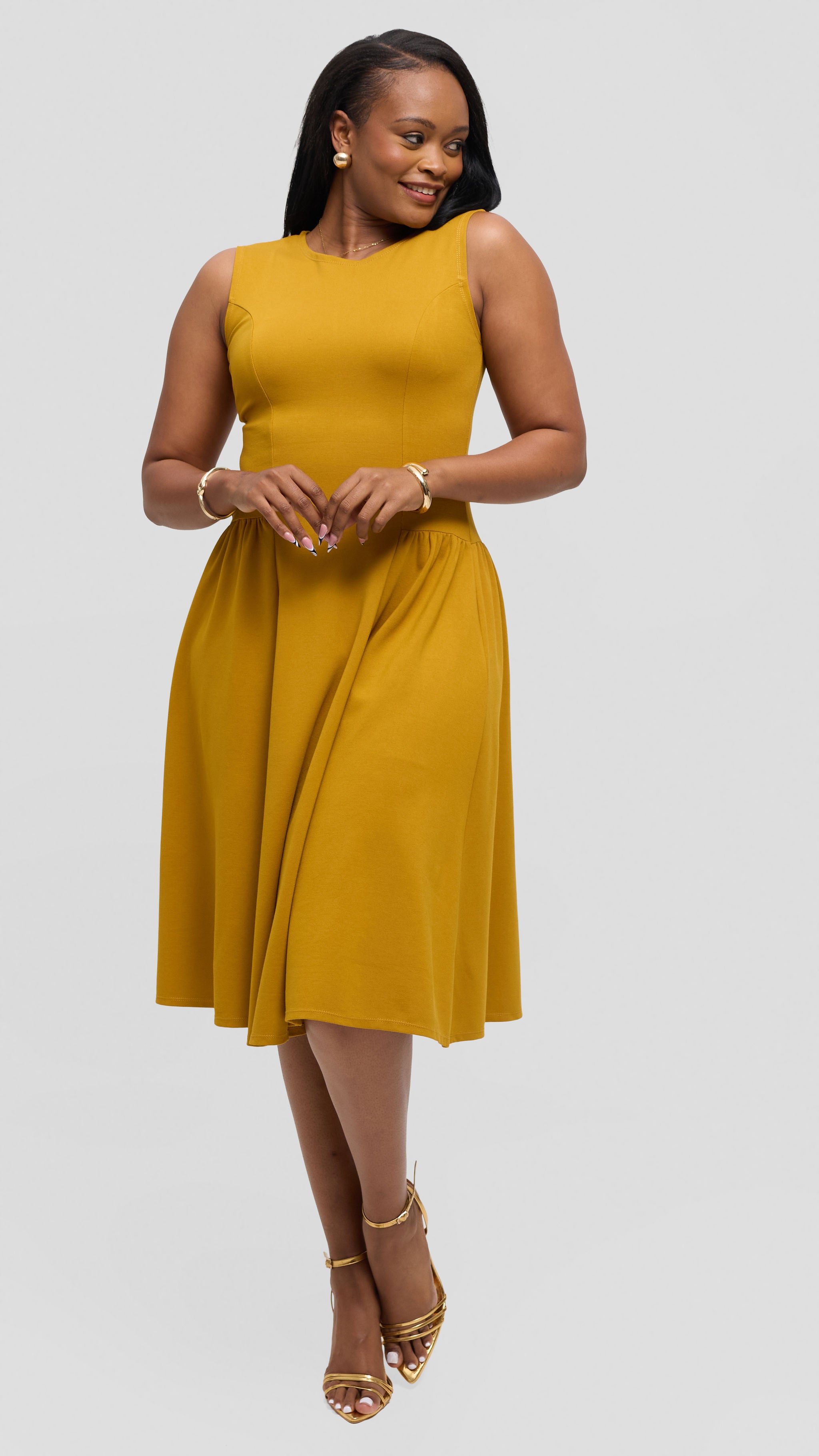 Vivo Panelled Waist Midi Dress in Ponte - Olive Green