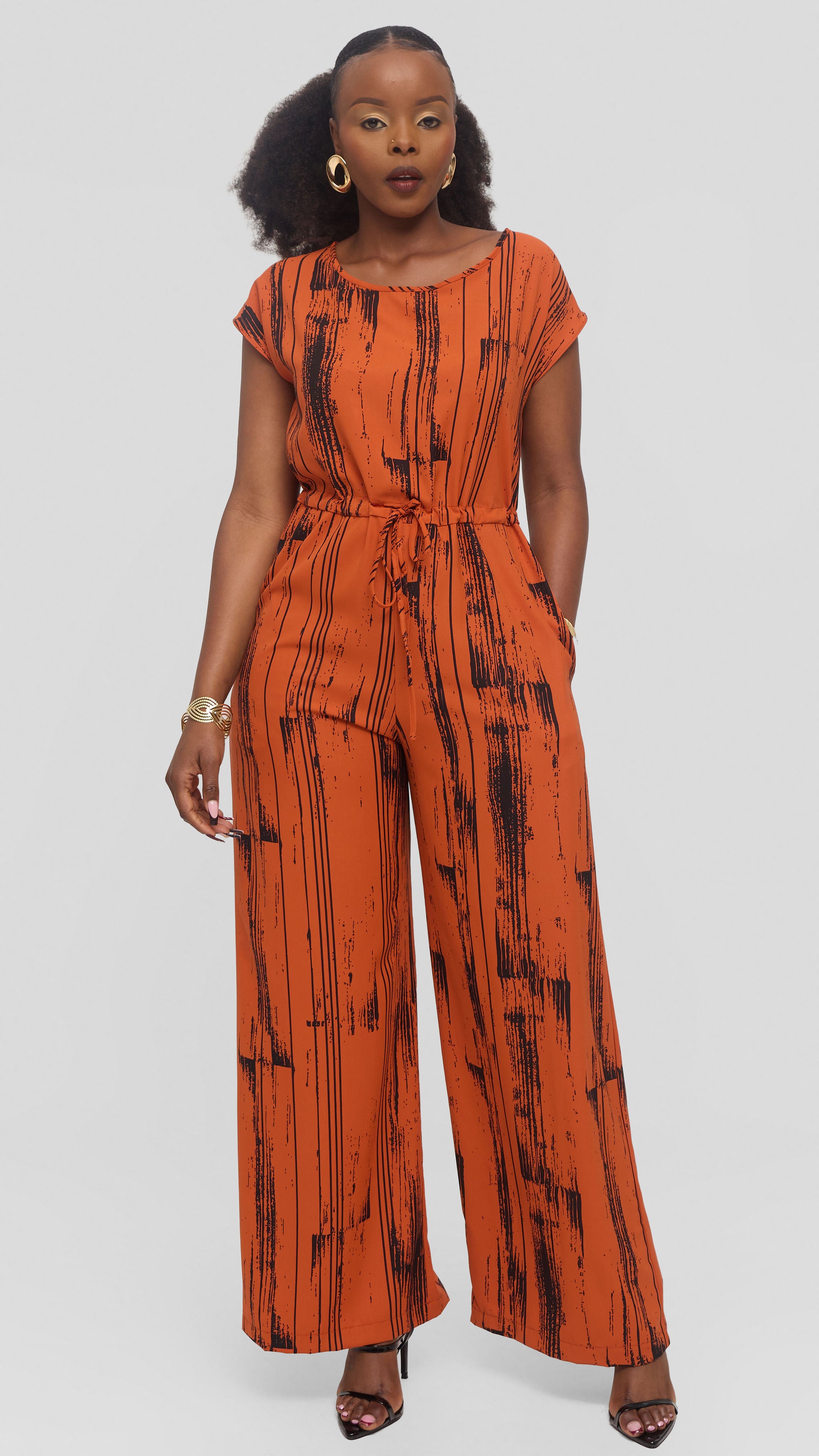 Vivo Sakari Drop Shoulder Jumpsuit in Crepe - Orange / Black Siolo Print