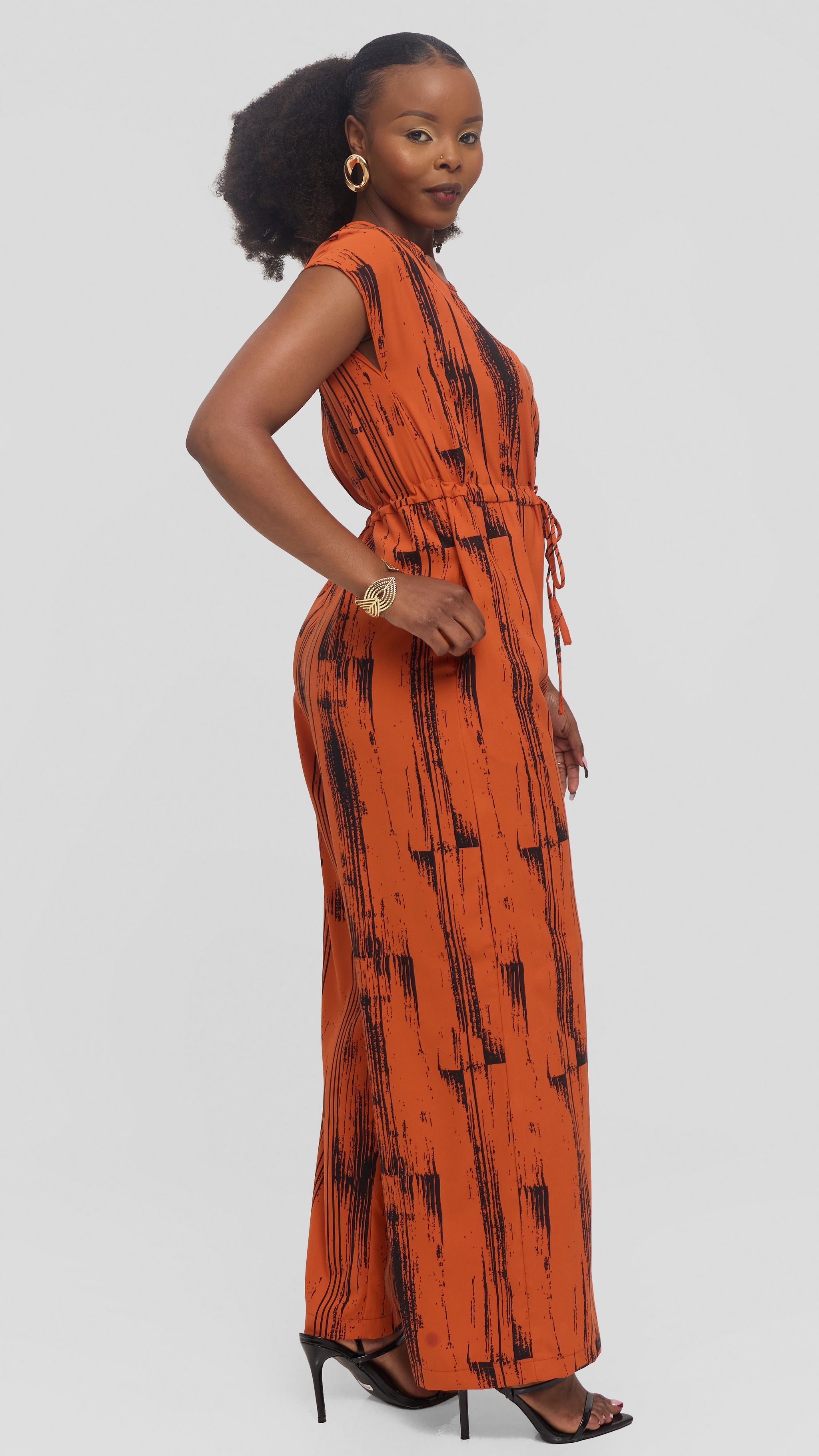 Vivo Sakari Drop Shoulder Jumpsuit in Crepe - Orange / Black Siolo Print