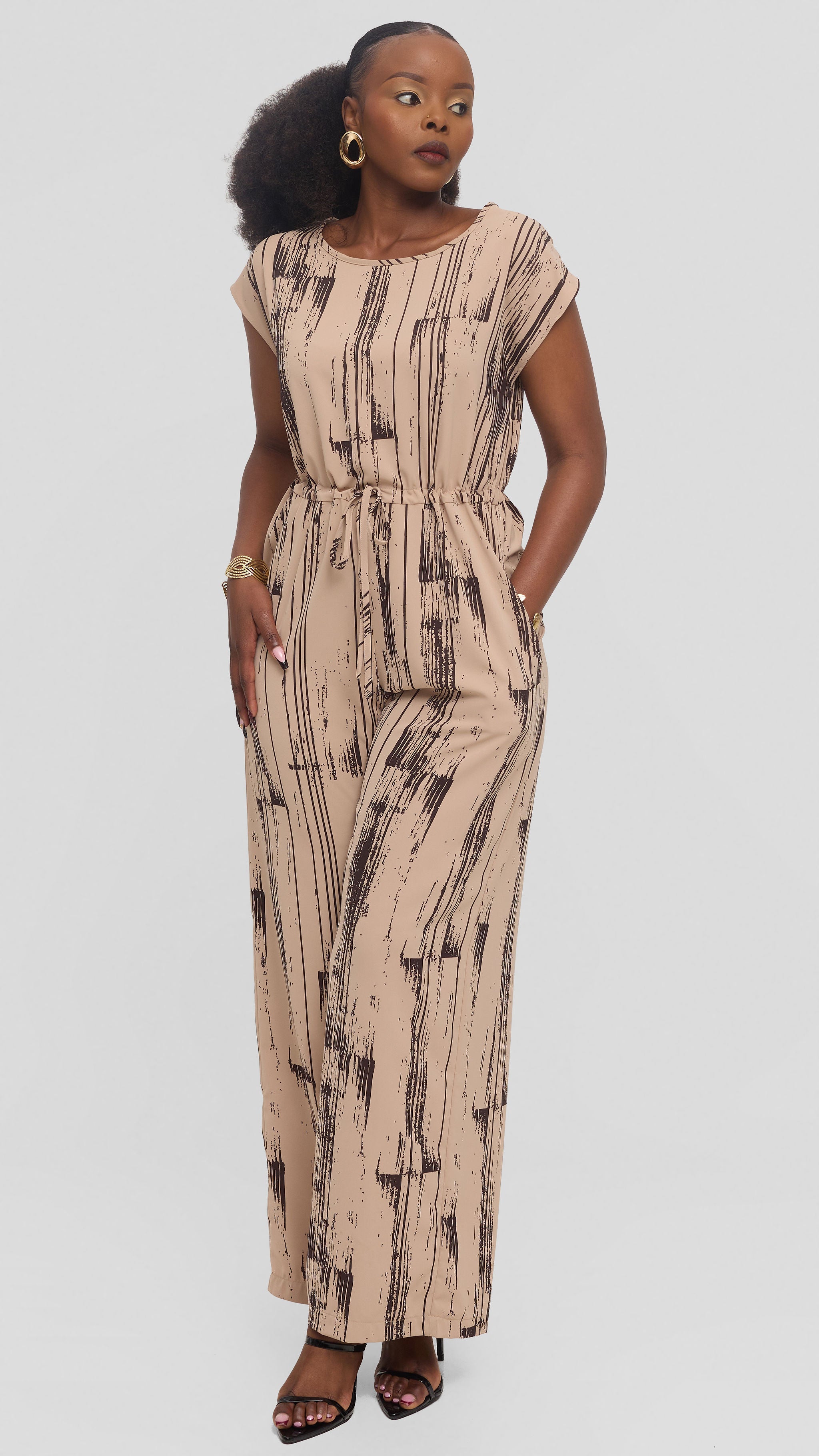 Vivo Sakari Drop Shoulder Jumpsuit in Crepe - Light Taupe / Dark Chocolate Siolo Print