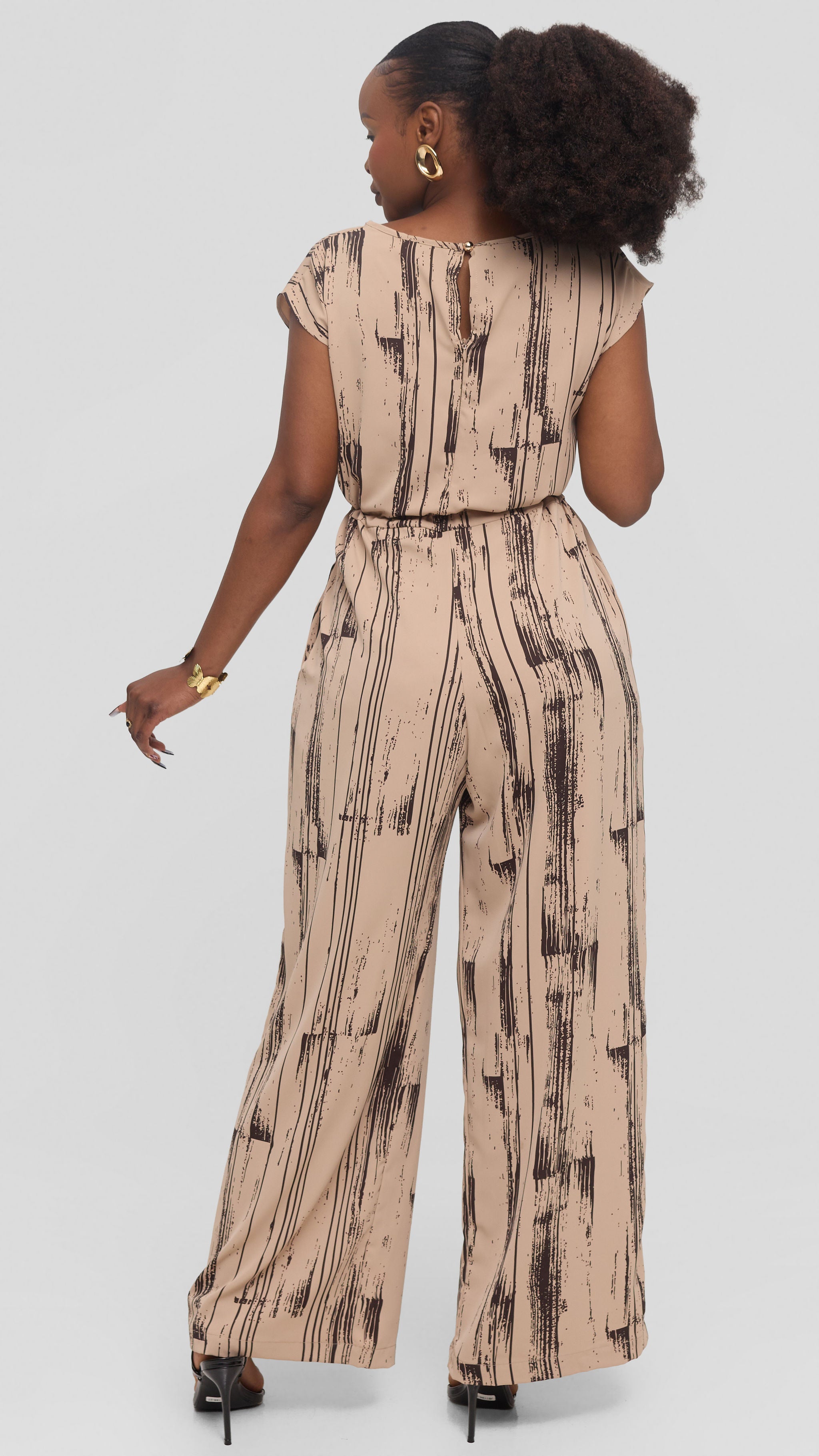 Vivo Sakari Drop Shoulder Jumpsuit in Crepe - Light Taupe / Dark Chocolate Siolo Print