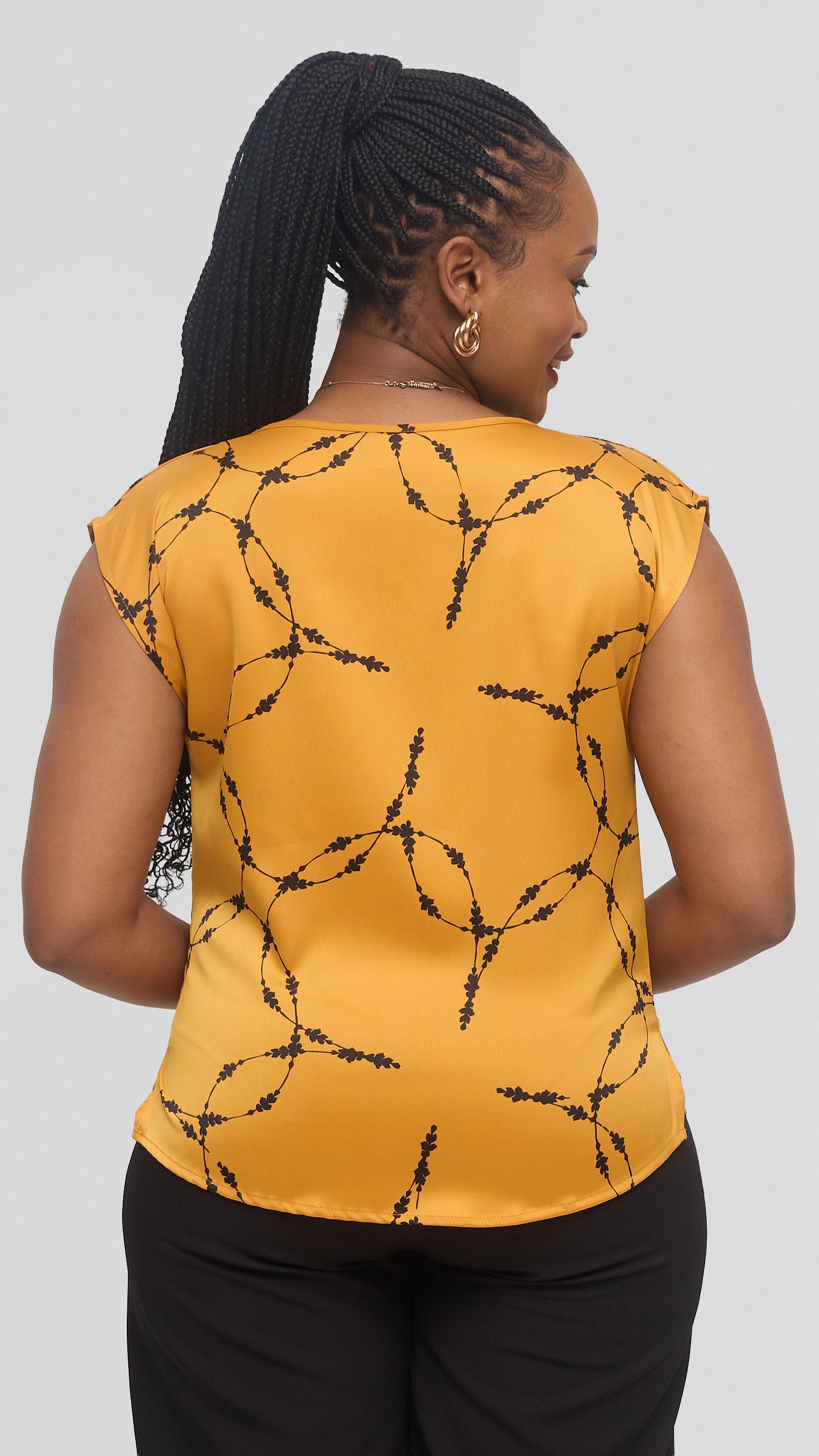 Vivo Drop Shoulder Cowl Top in Satin - Light Mustard / Black Shina Print