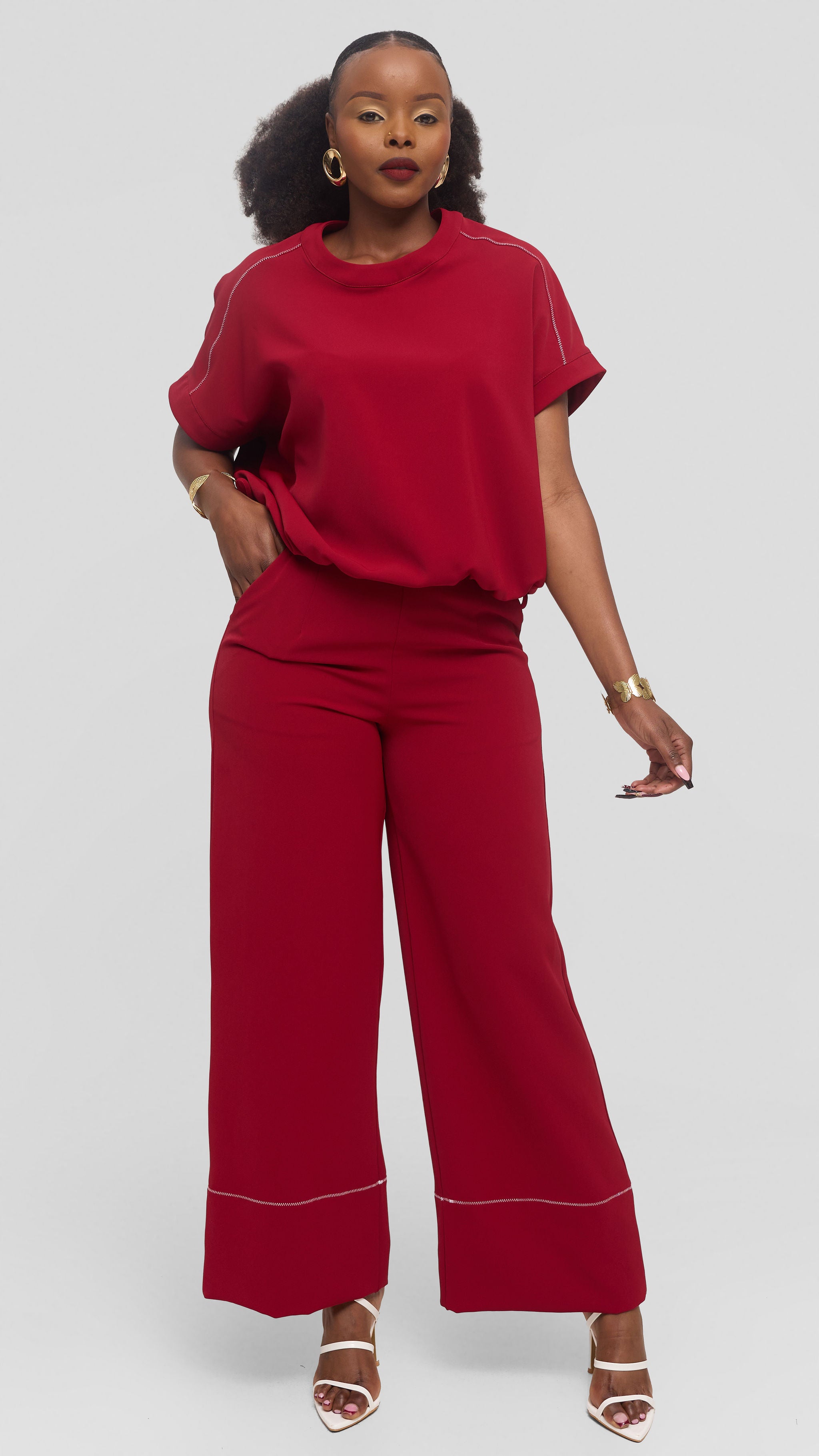 Vivo Contrast Stitch Loose Top in Twill - Dark Red