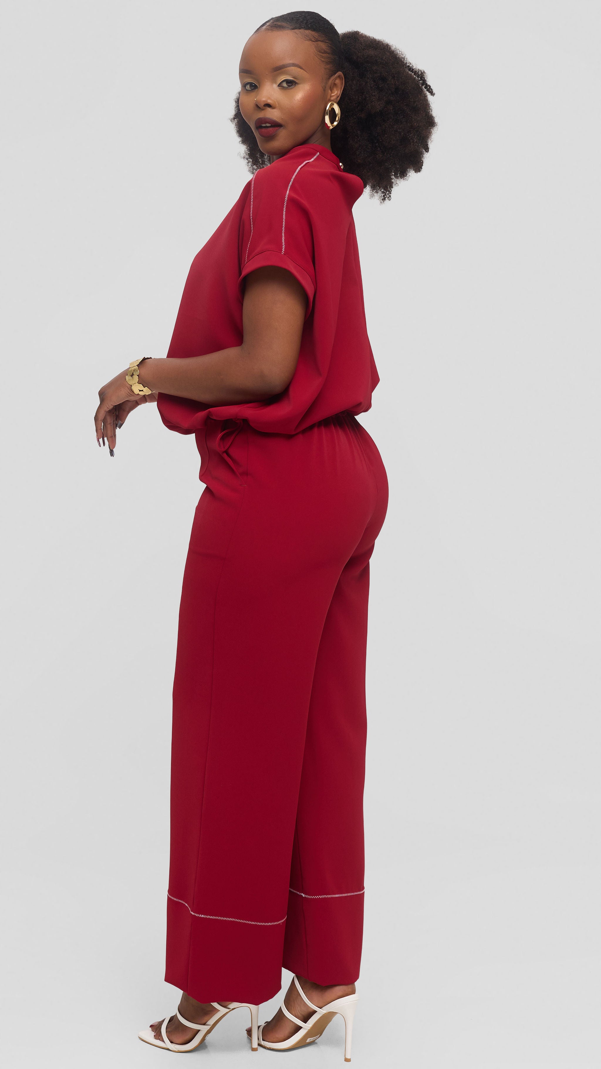 Vivo Contrast Stitch Loose Top in Twill - Dark Red
