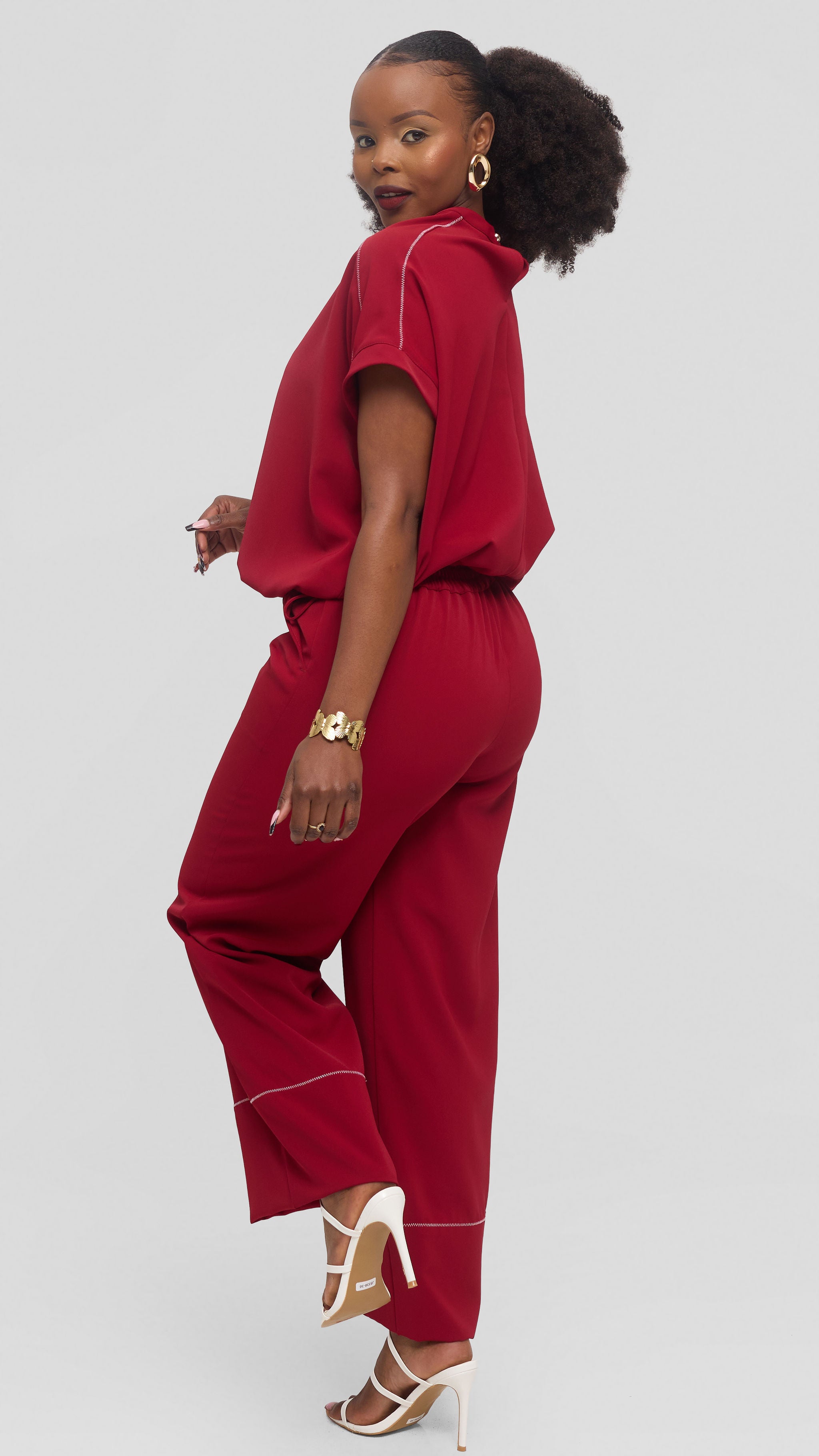 Vivo Contrast Stitch Wide Leg Pants in Twill - Dark Red