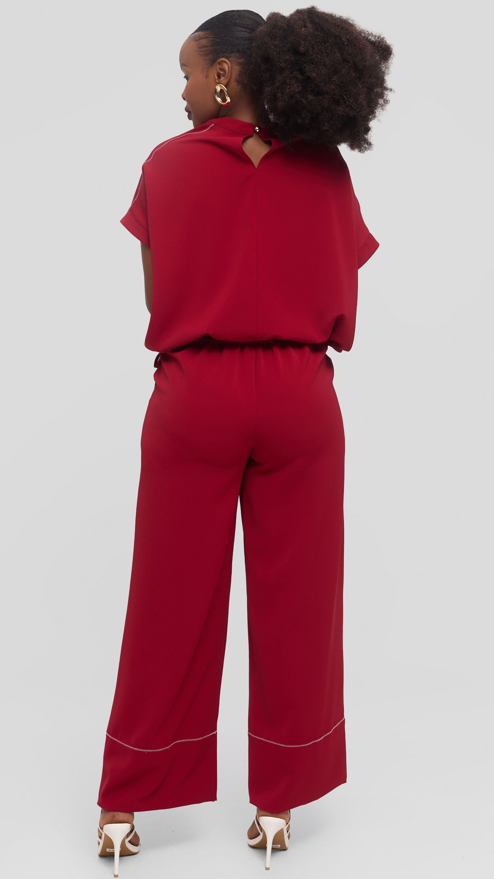 Vivo Contrast Stitch Wide Leg Pants in Twill - Dark Red