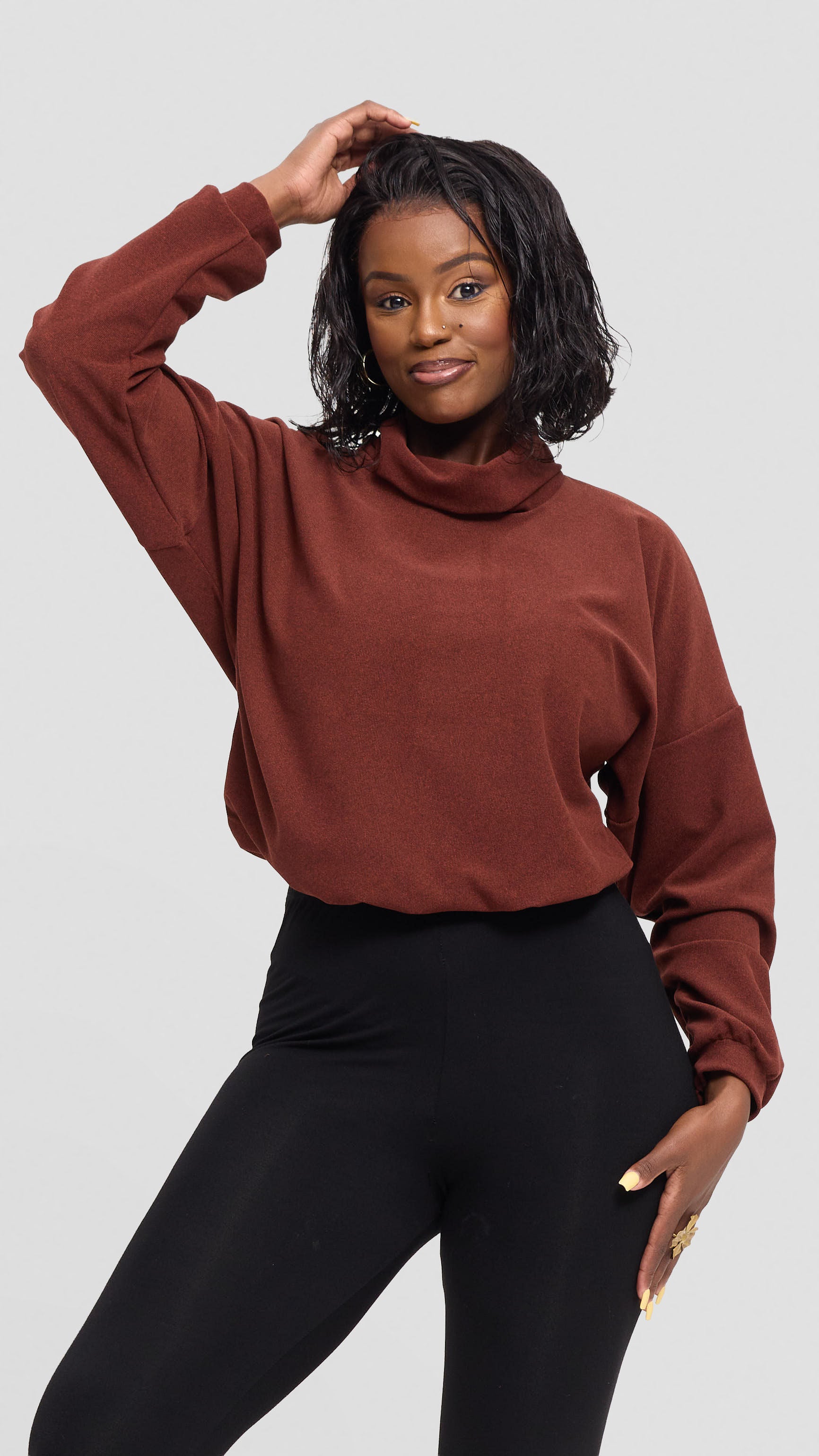 Vivo Selah Dolman Sweatshirt in Rib Sweater - Dark Rust