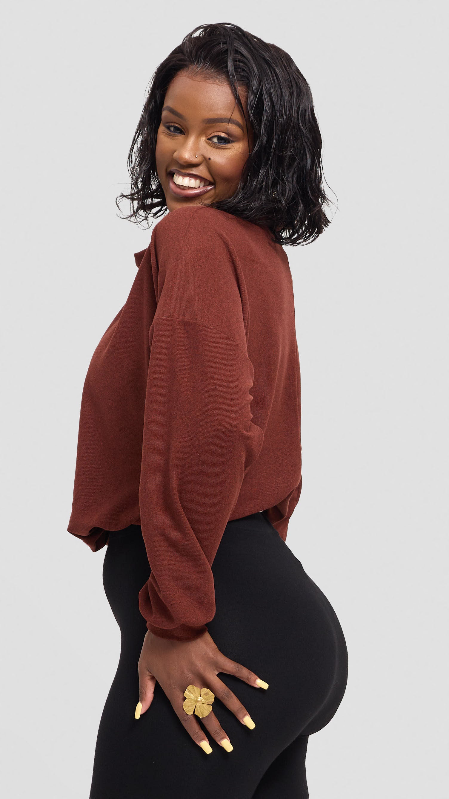 Vivo Selah Dolman Sweatshirt in Rib Sweater - Dark Rust