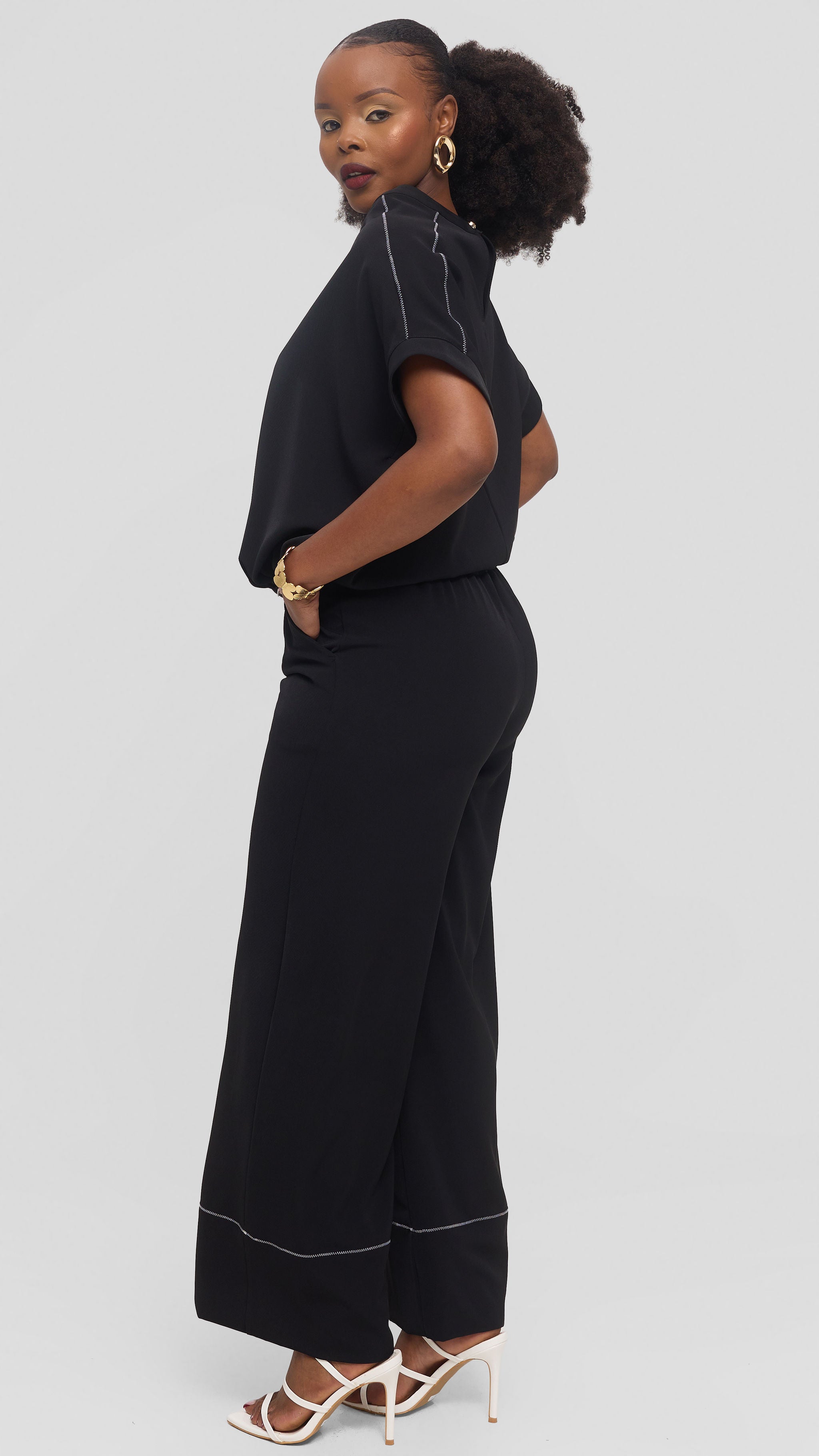 Vivo Contrast Stitch Wide Leg Pants in Twill - Black