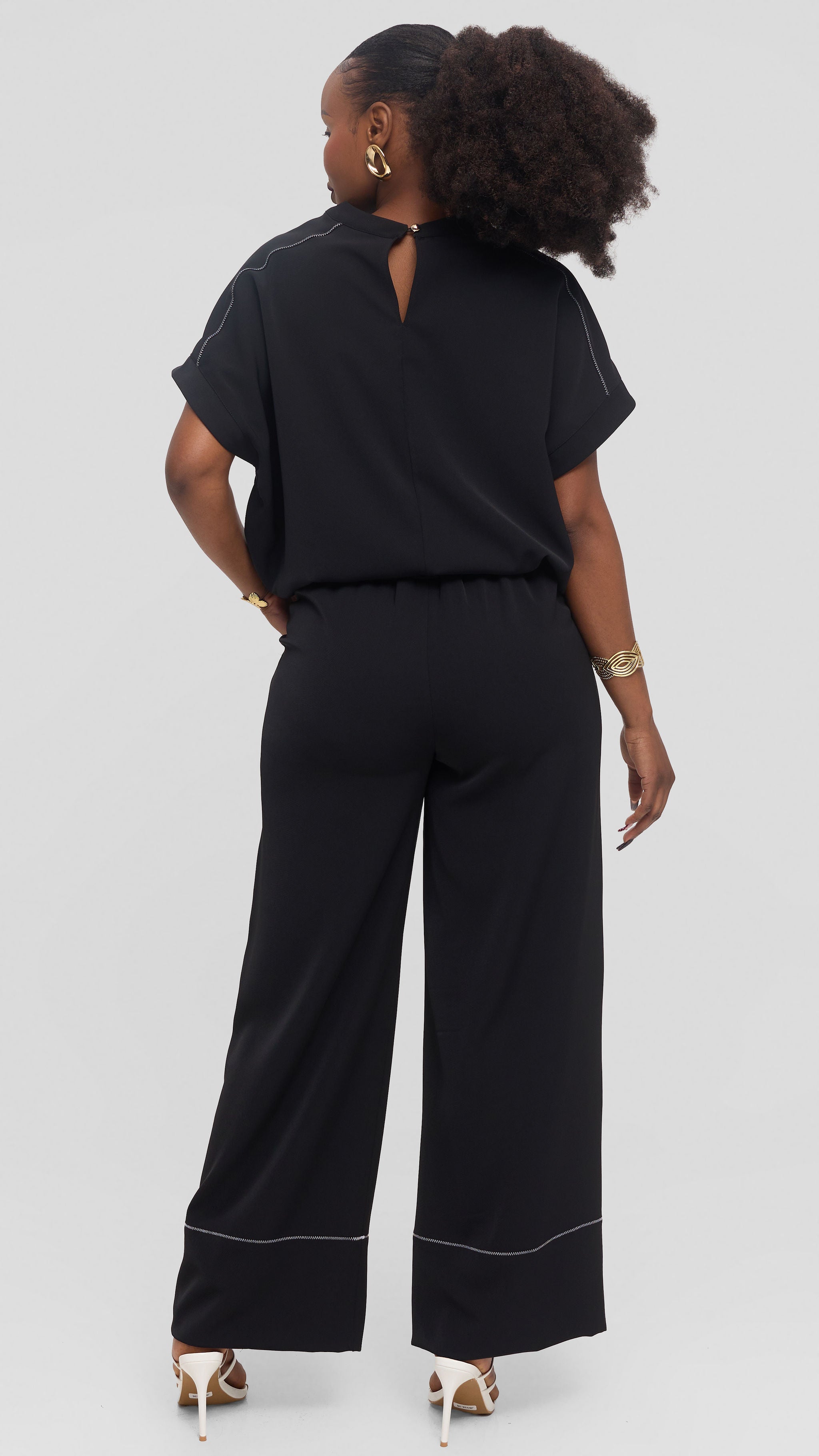 Vivo Contrast Stitch Wide Leg Pants in Twill - Black