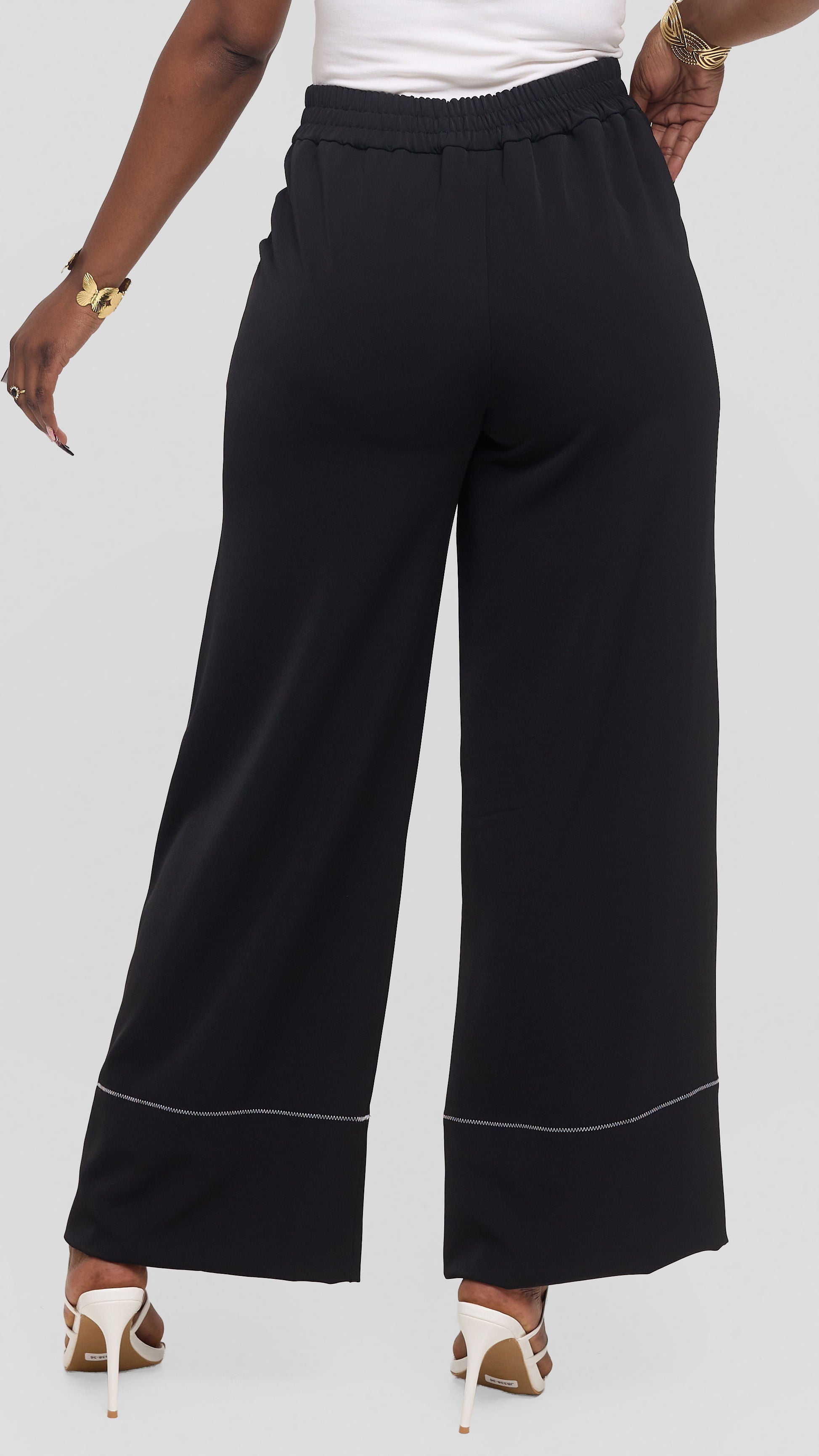Vivo Contrast Stitch Wide Leg Pants in Twill - Black