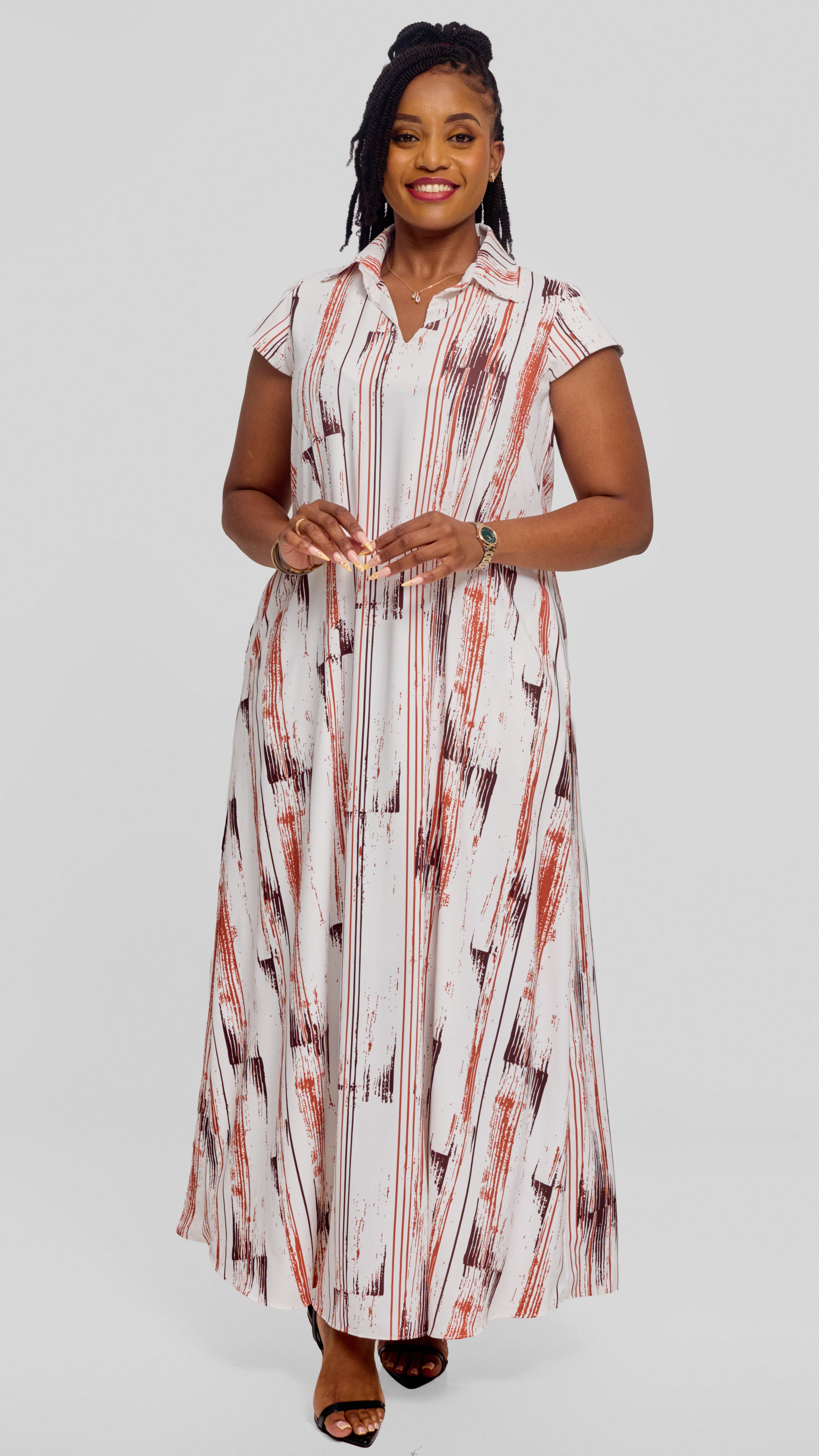 Vivo Zuri Cap Sleeve Maxi Dress in Crepe - Dark Brown / Rust Siolo Print