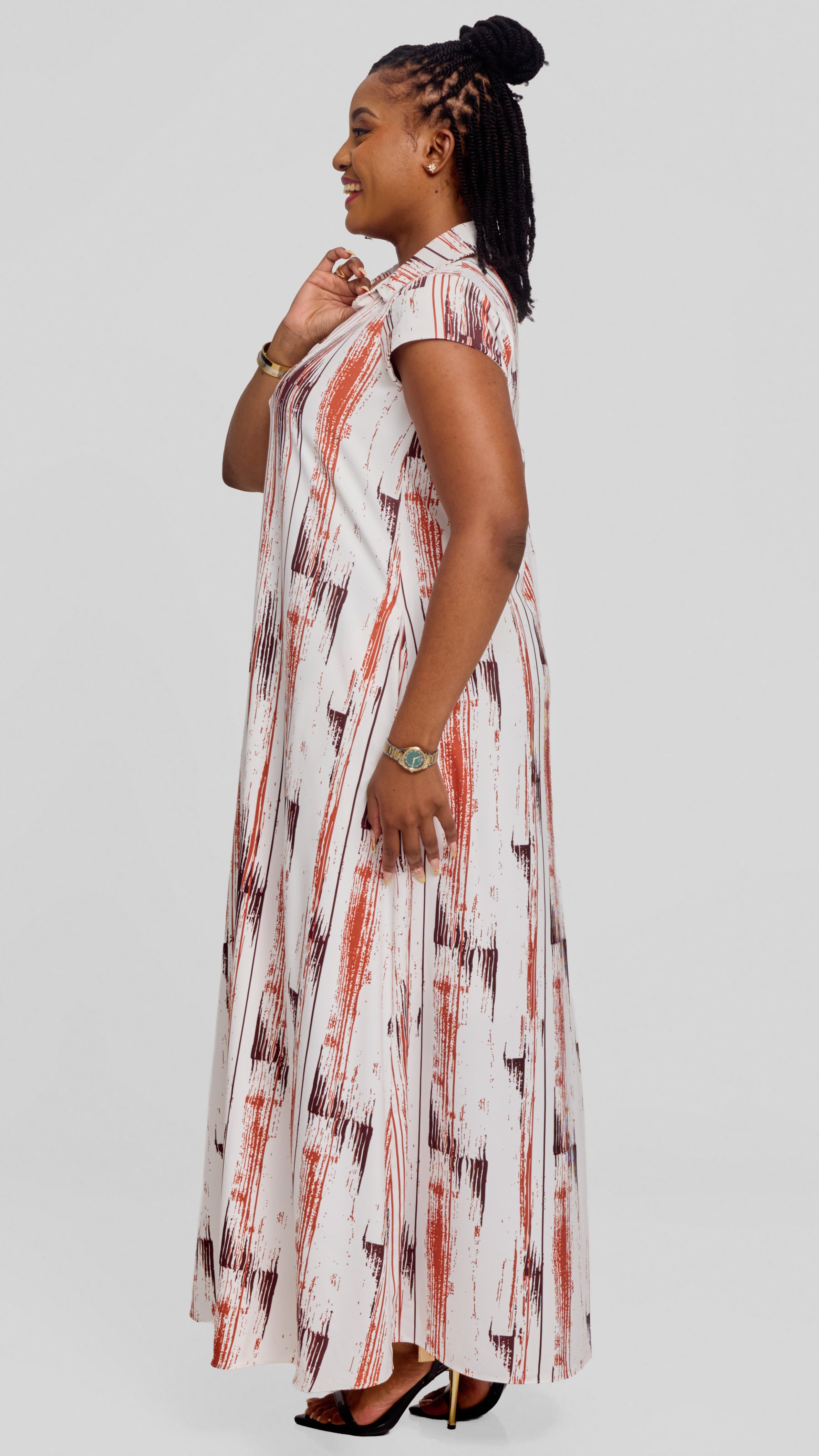Vivo Zuri Cap Sleeve Maxi Dress in Crepe - Dark Brown / Rust Siolo Print
