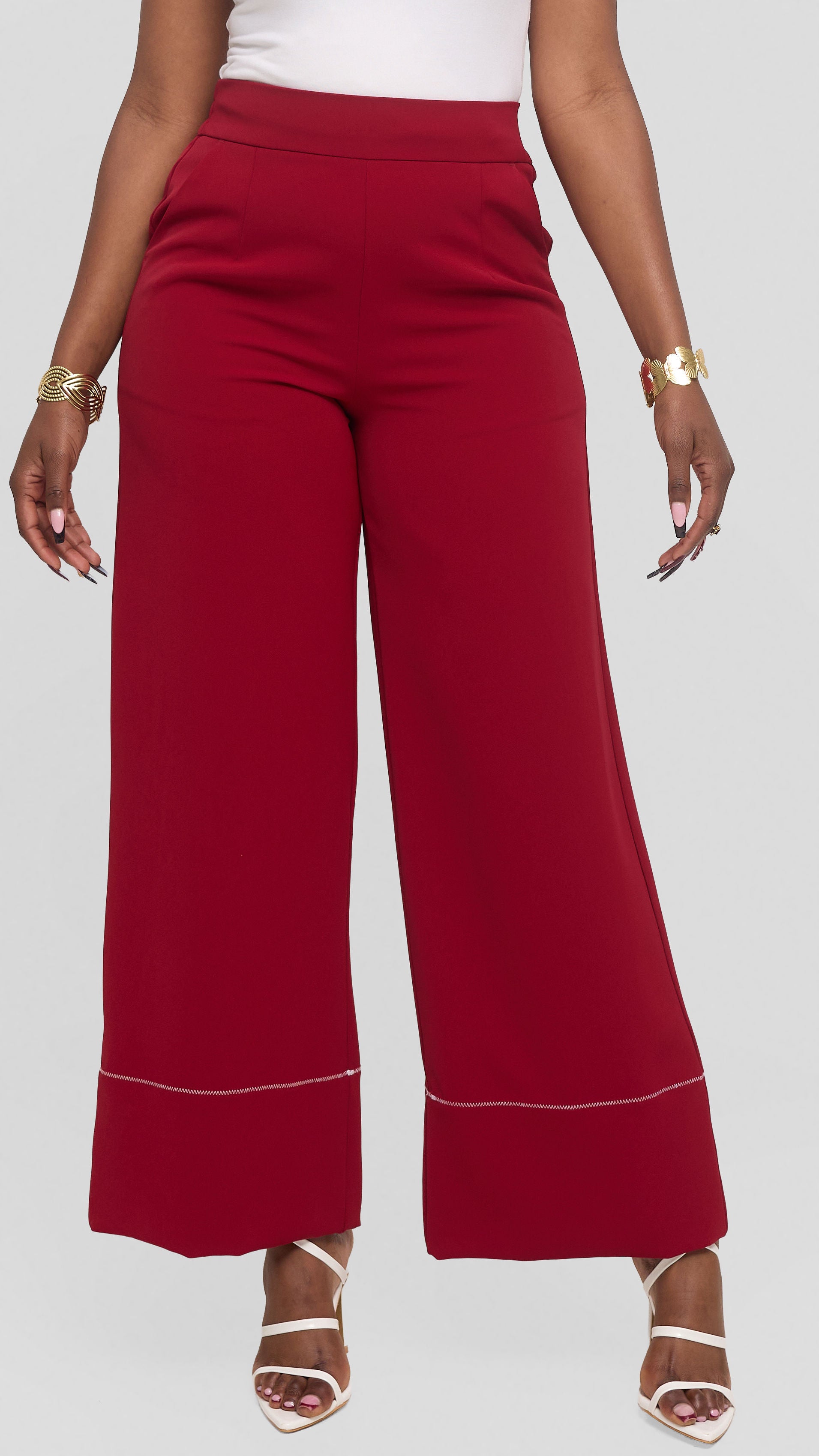 Vivo Contrast Stitch Wide Leg Pants in Twill - Dark Red