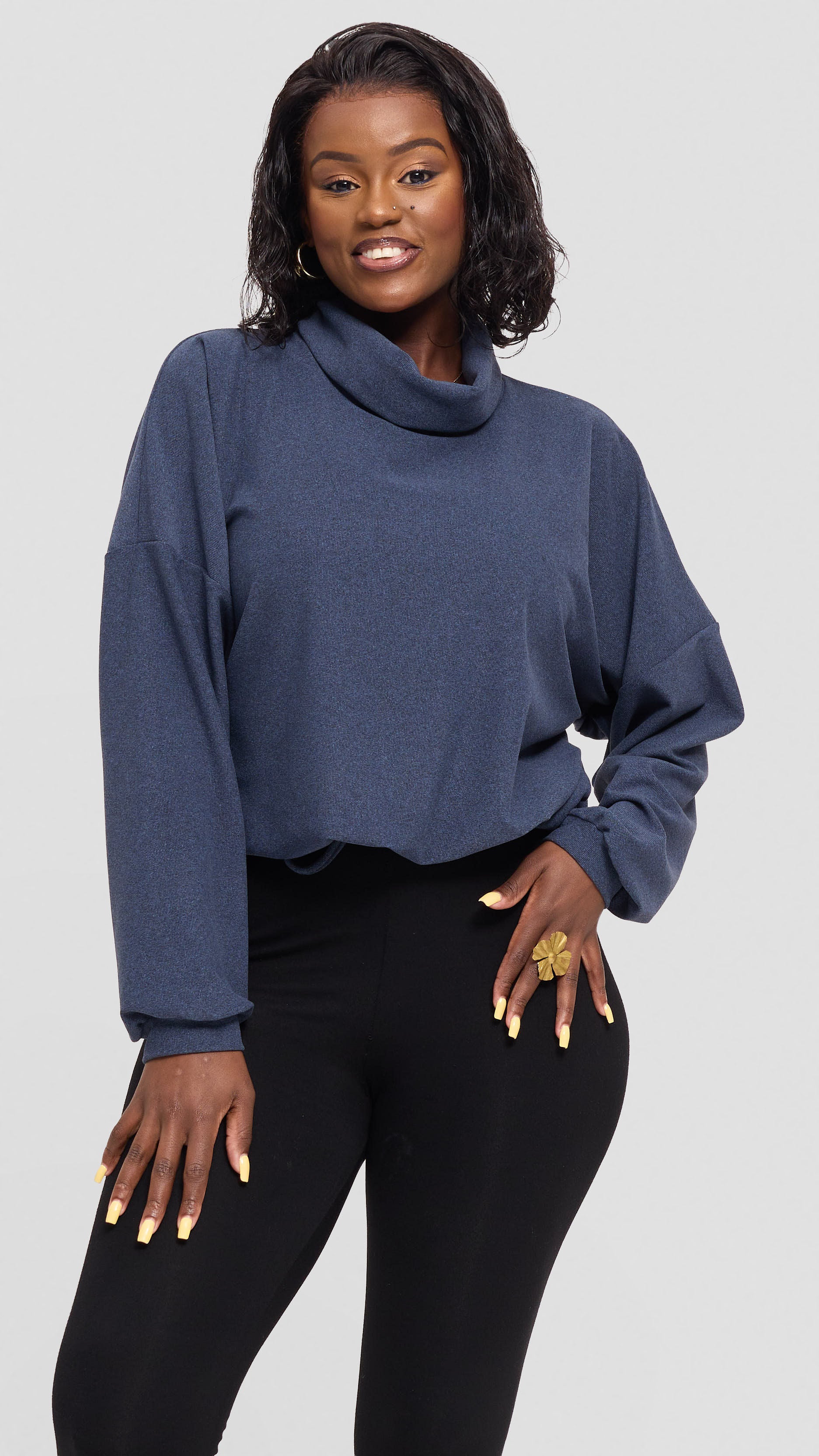 Vivo Selah Dolman Sweatshirt in Rib Sweater - Denim Blue