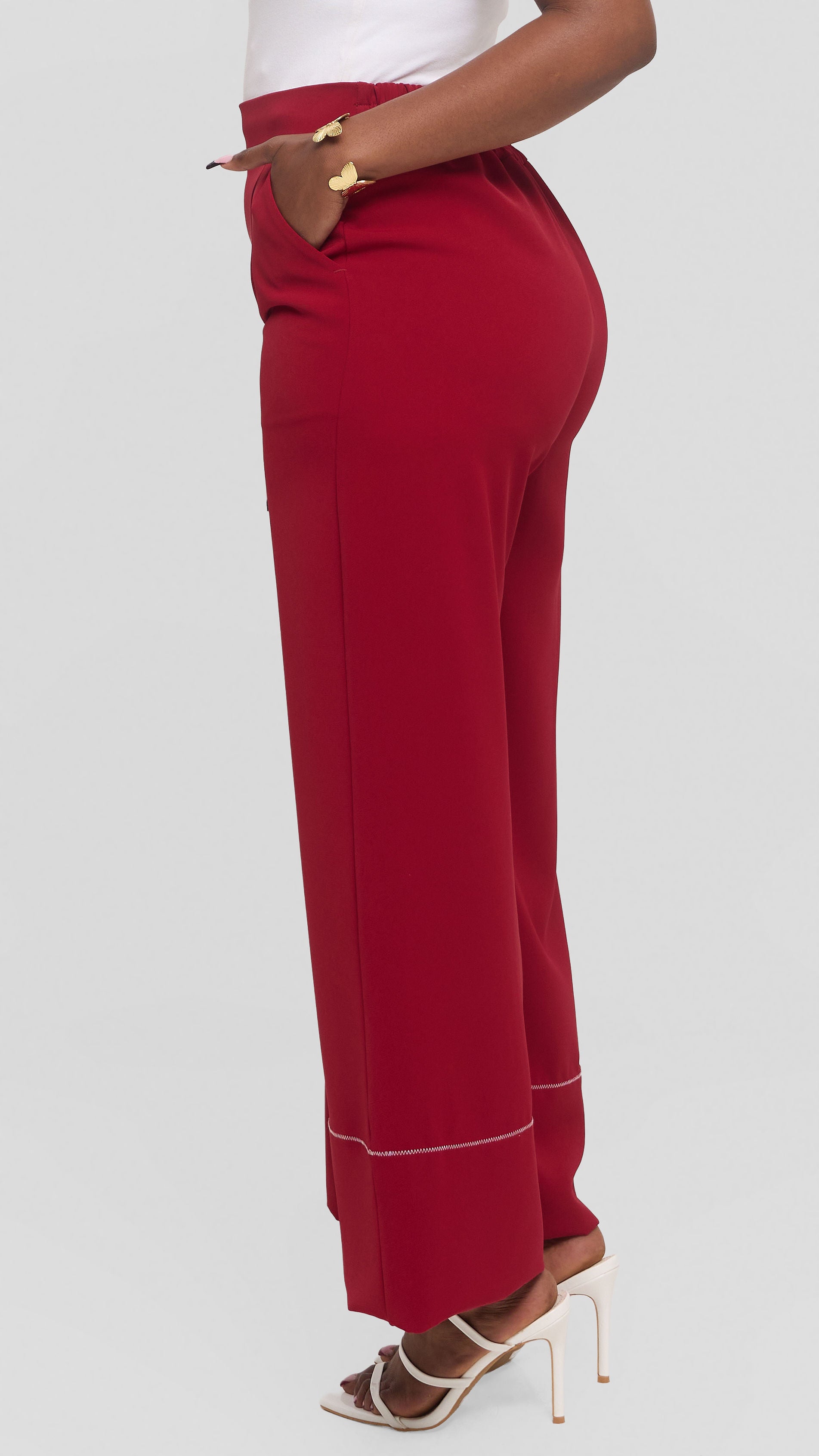 Vivo Contrast Stitch Wide Leg Pants in Twill - Dark Red