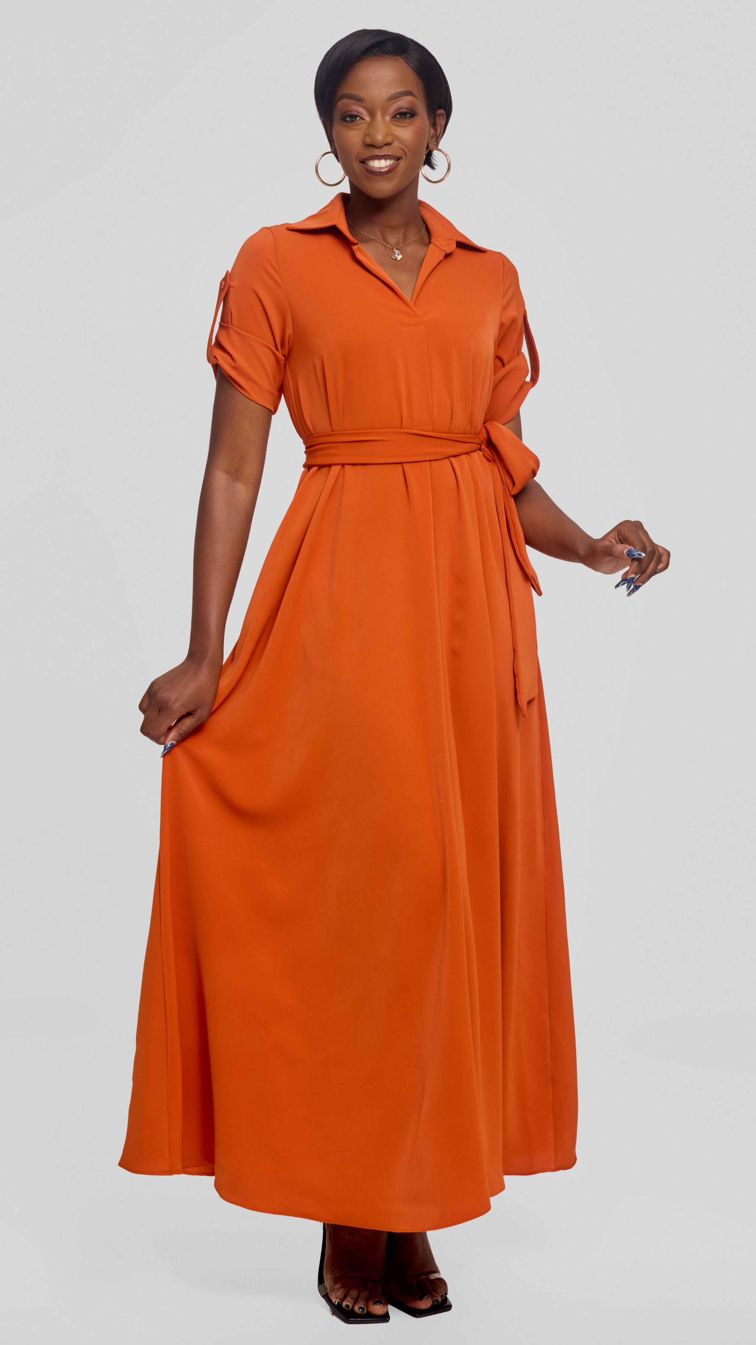 Vivo Yumi Maxi Shirt Dress in Crepe - Burnt Orange