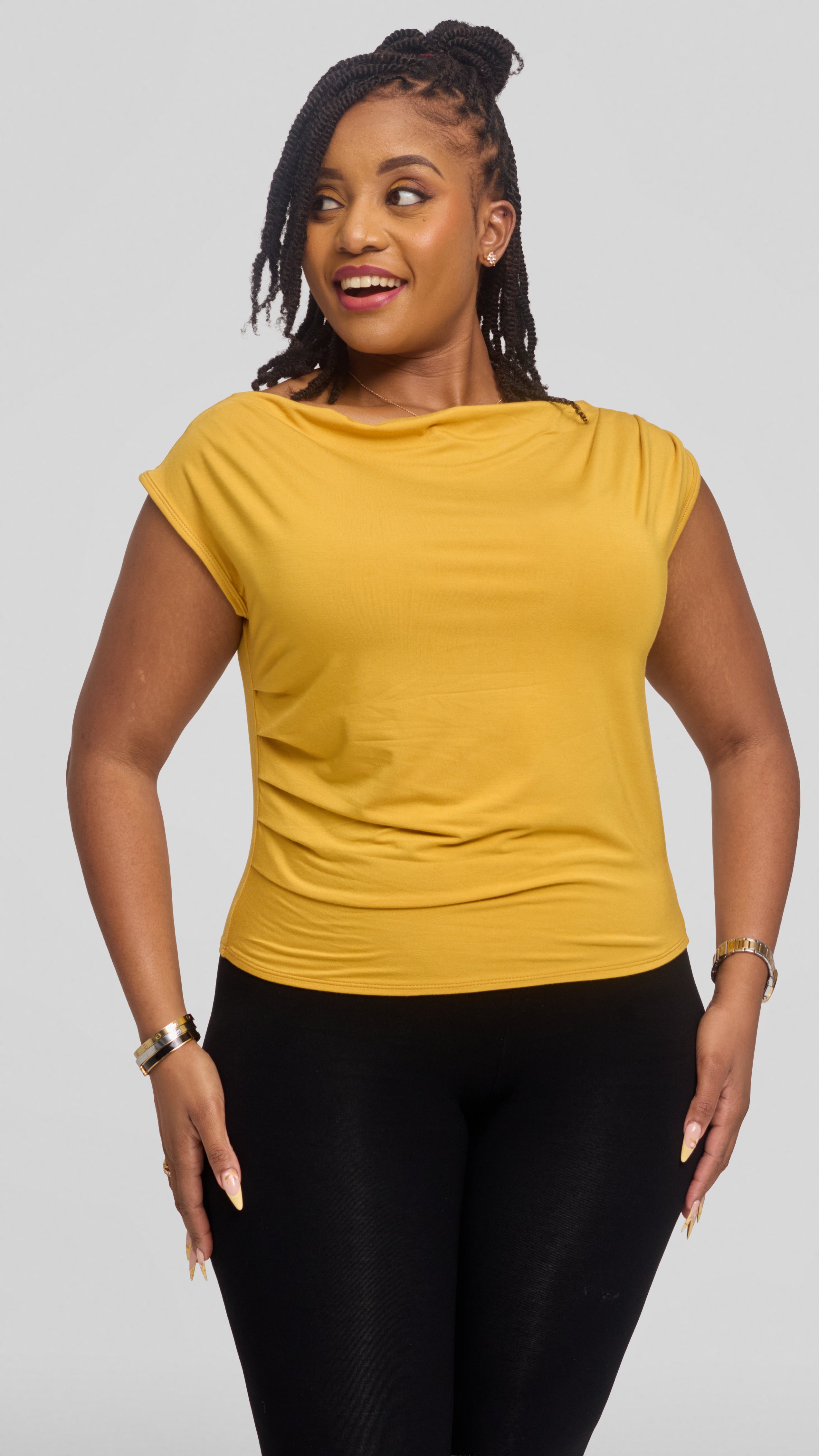 Vivo Side Pleat Top in Jersey - Mustard