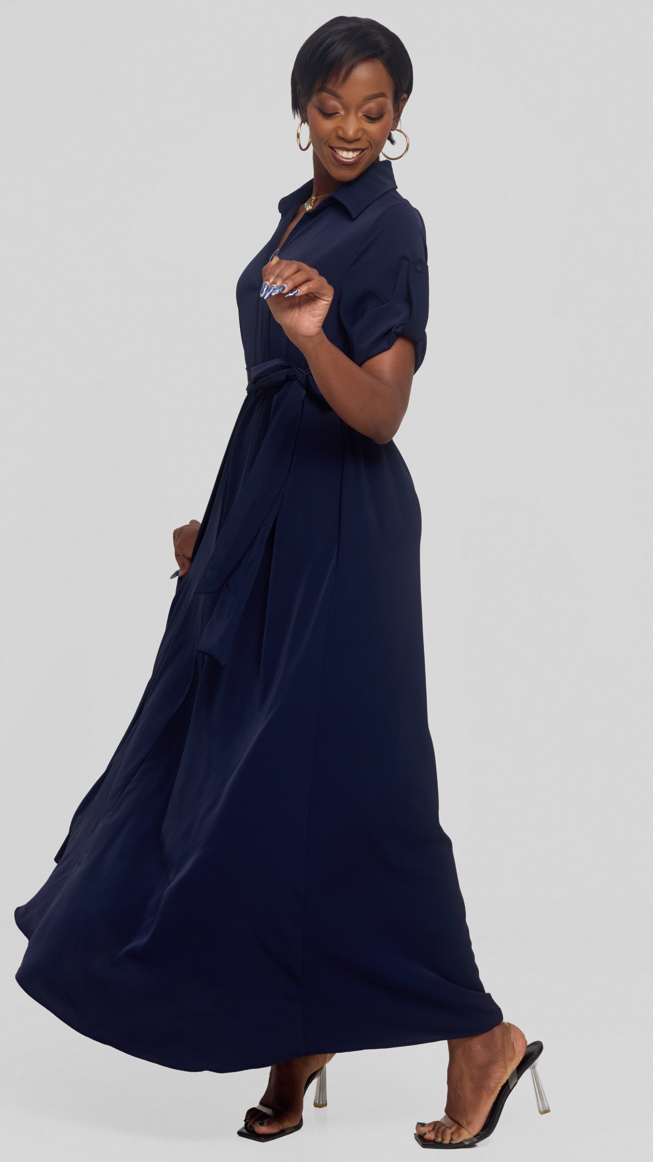 Vivo Yumi Maxi Shirt Dress in Crepe - Navy Blue