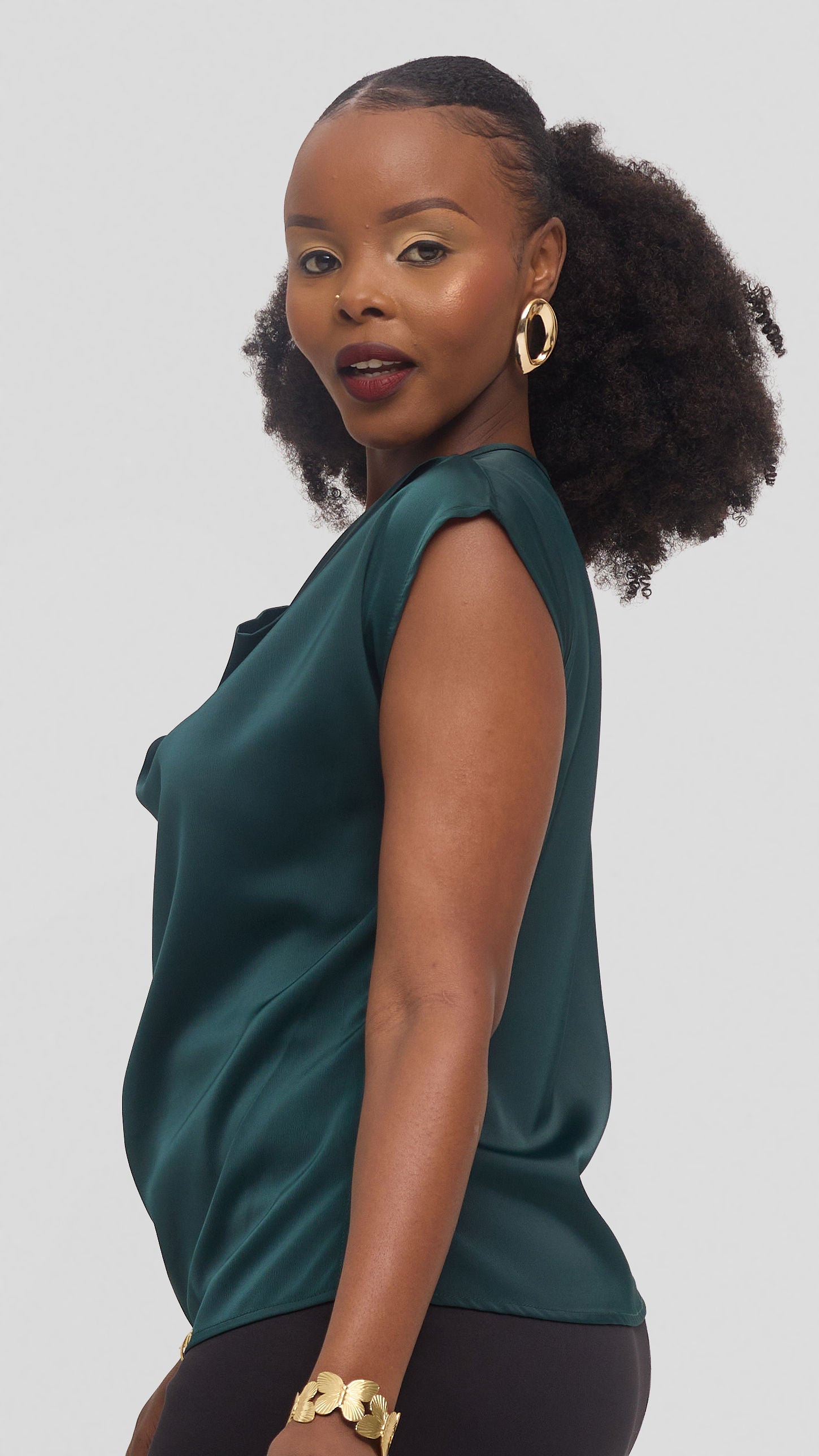 Vivo Drop Shoulder Cowl Top in Satin - Dark Green