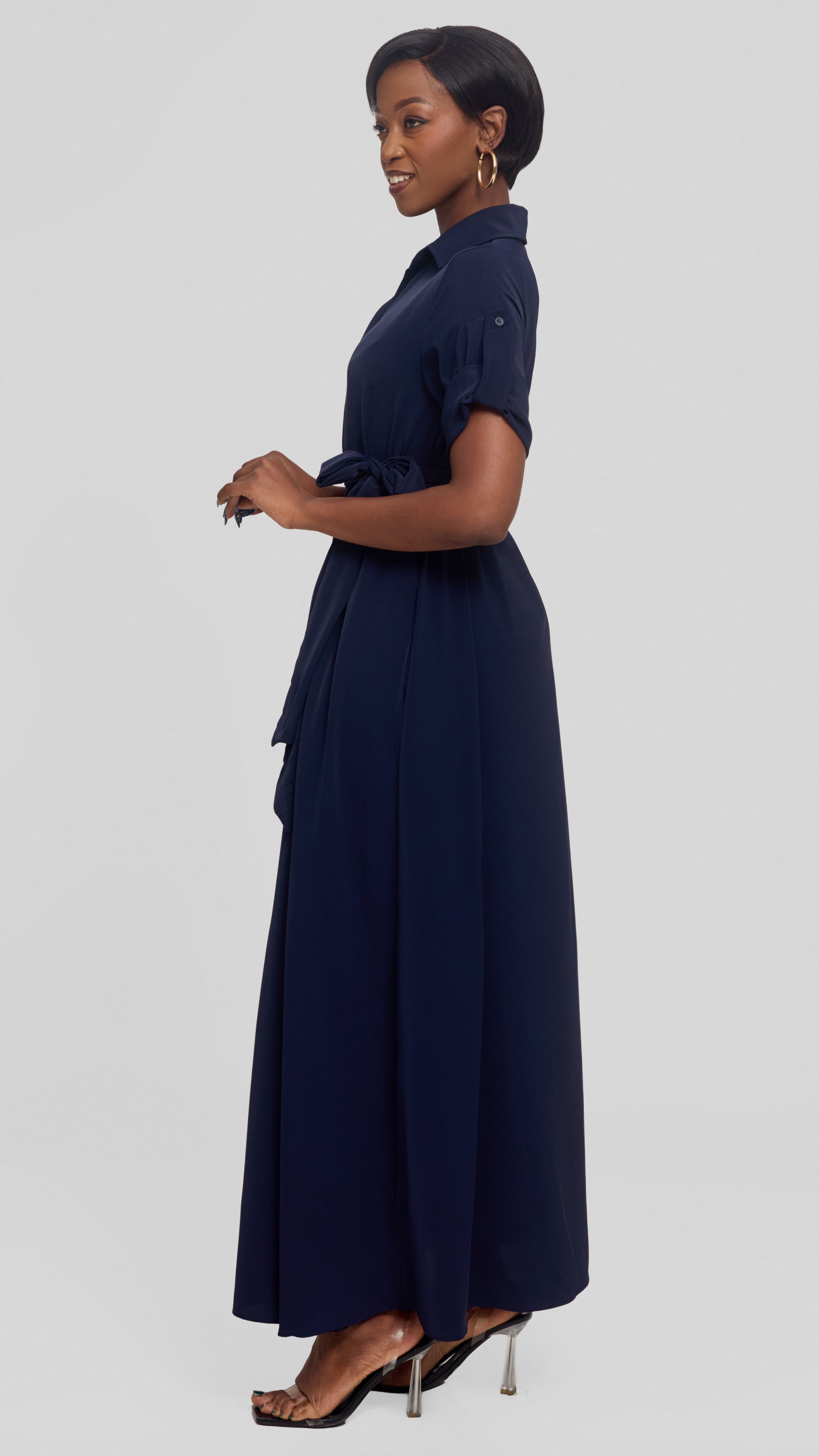 Vivo Yumi Maxi Shirt Dress in Crepe - Navy Blue