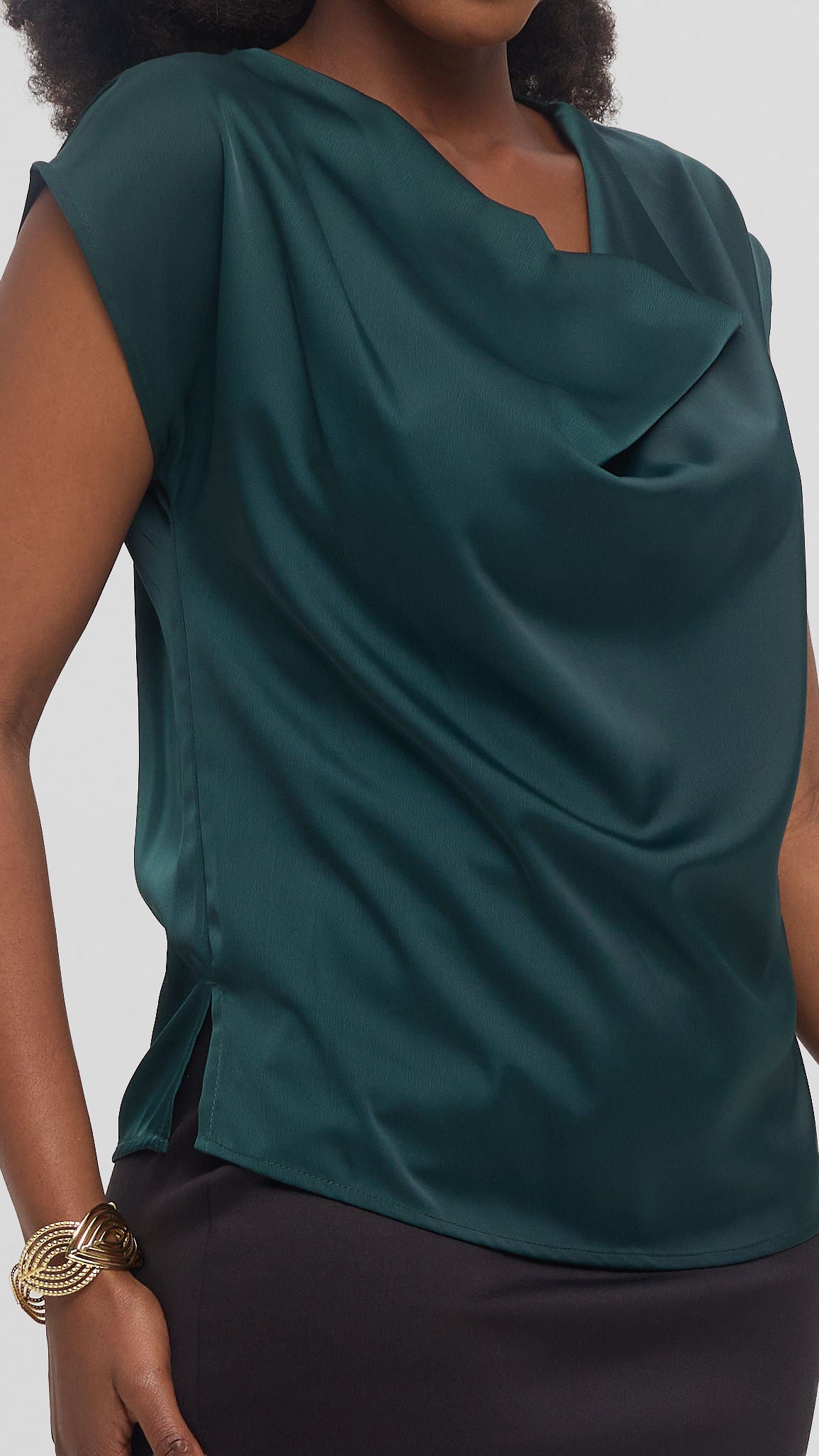 Vivo Drop Shoulder Cowl Top in Satin - Dark Green