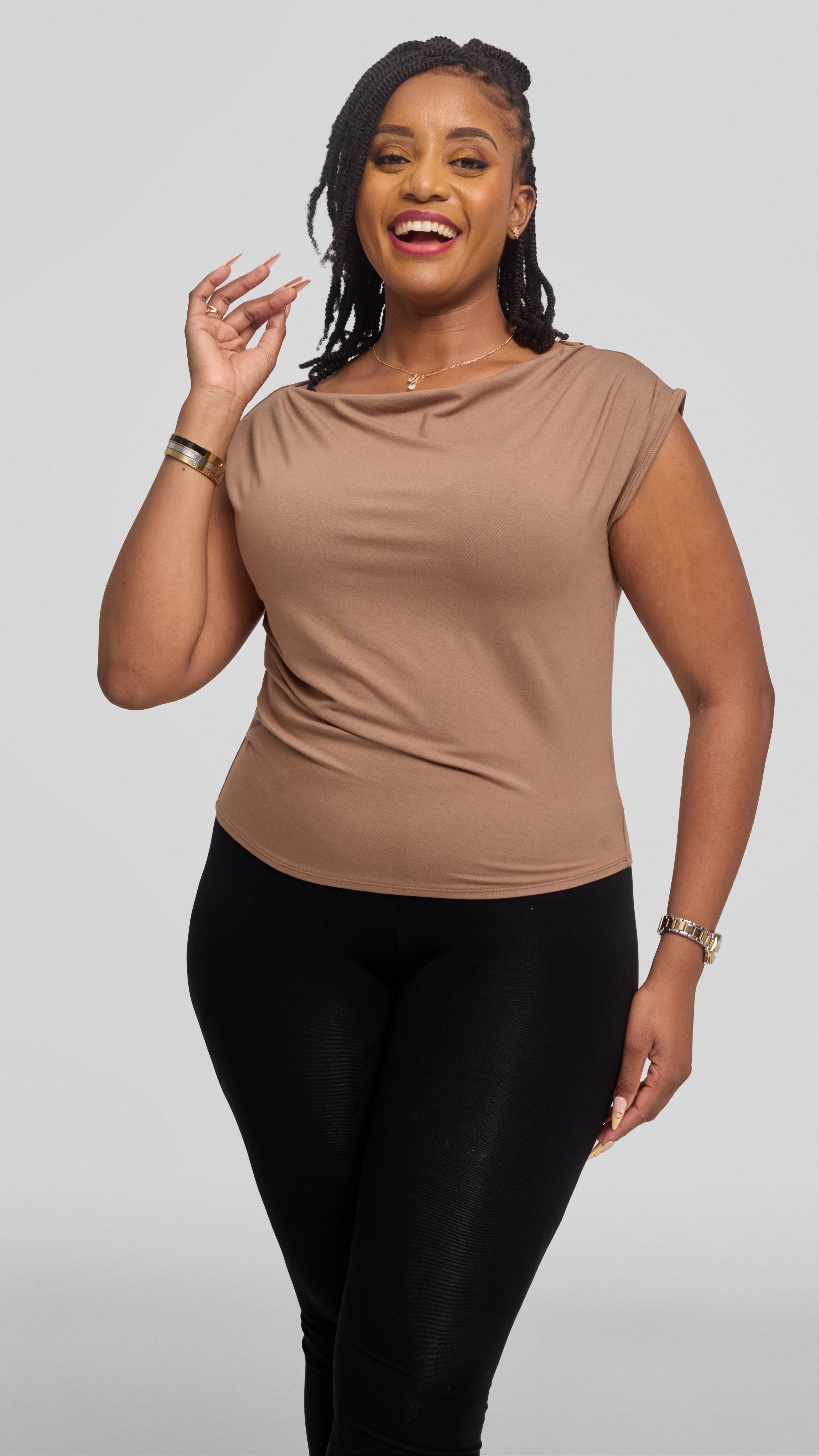 Vivo Side Pleat Top in Jersey - Dark Taupe