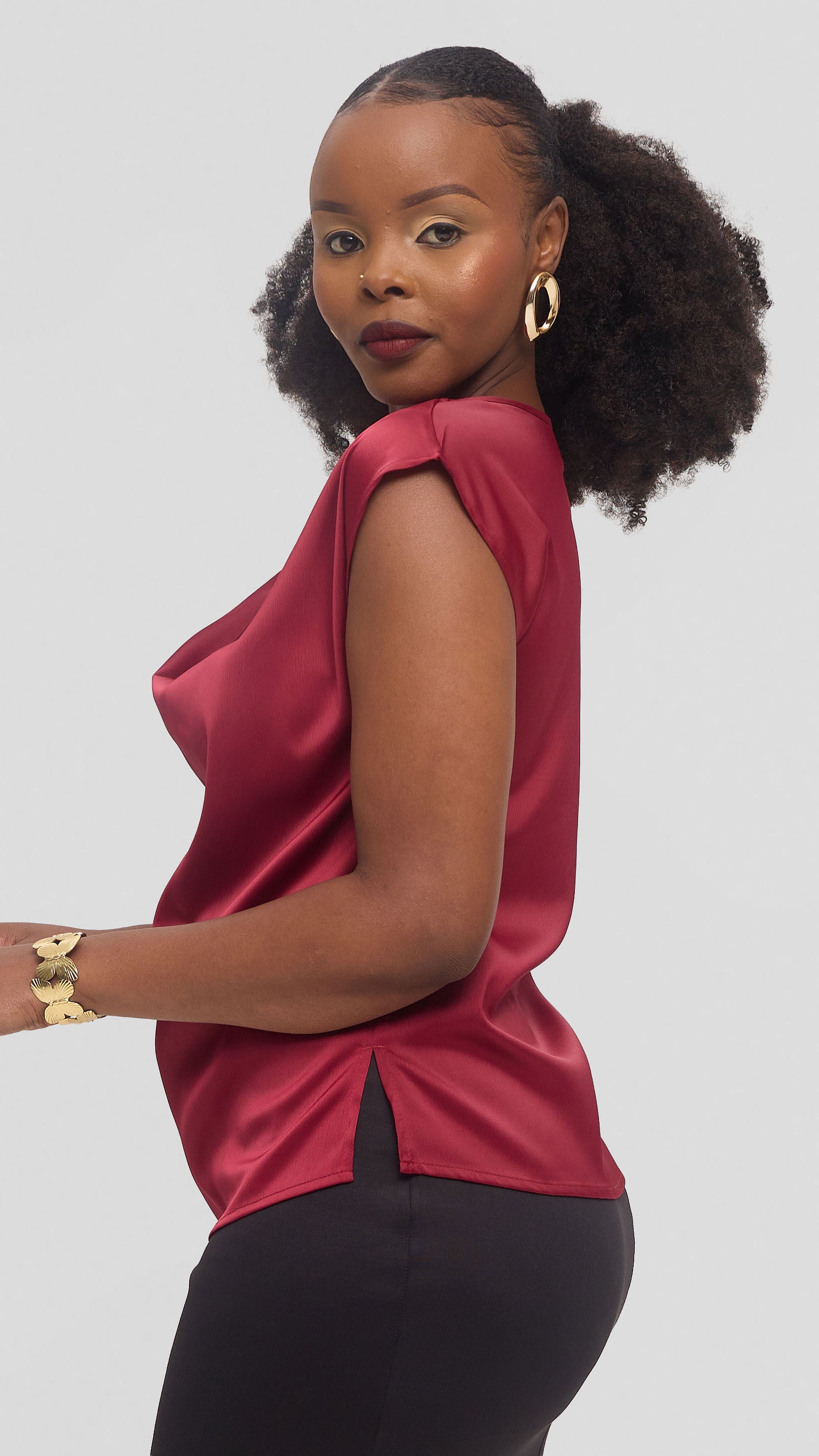 Vivo Drop Shoulder Cowl Top in Satin - Maroon