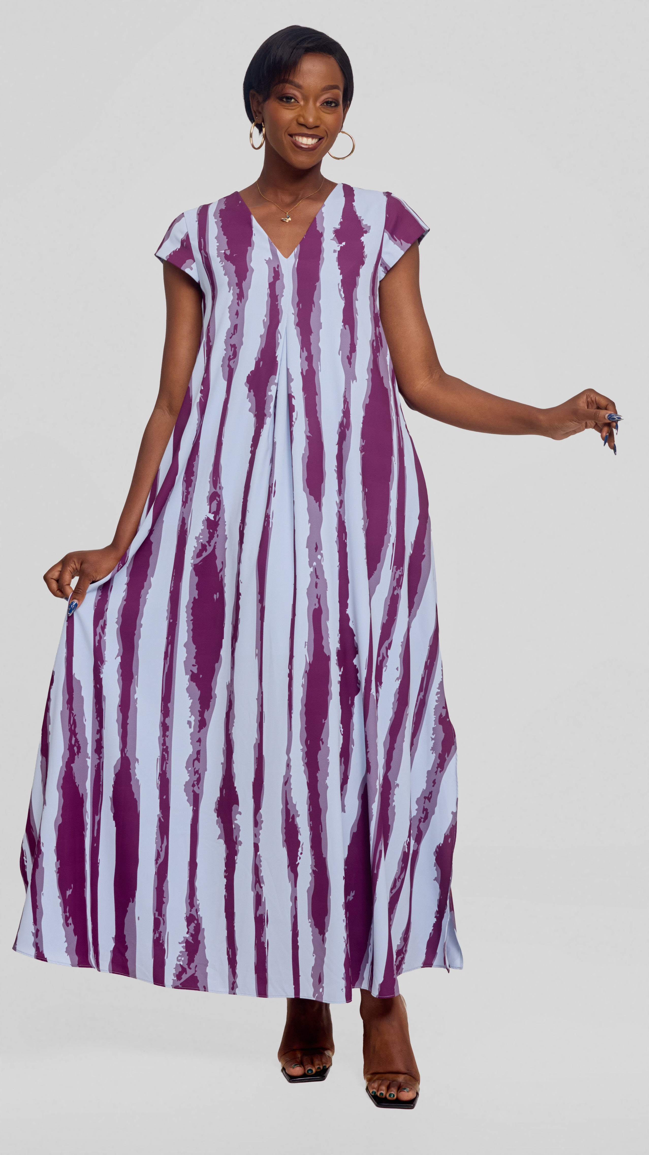 Vivo Kani Cap Sleeve Maxi Dress in Textured Crepe -  Light Blue / Mulberry Tamasha Print