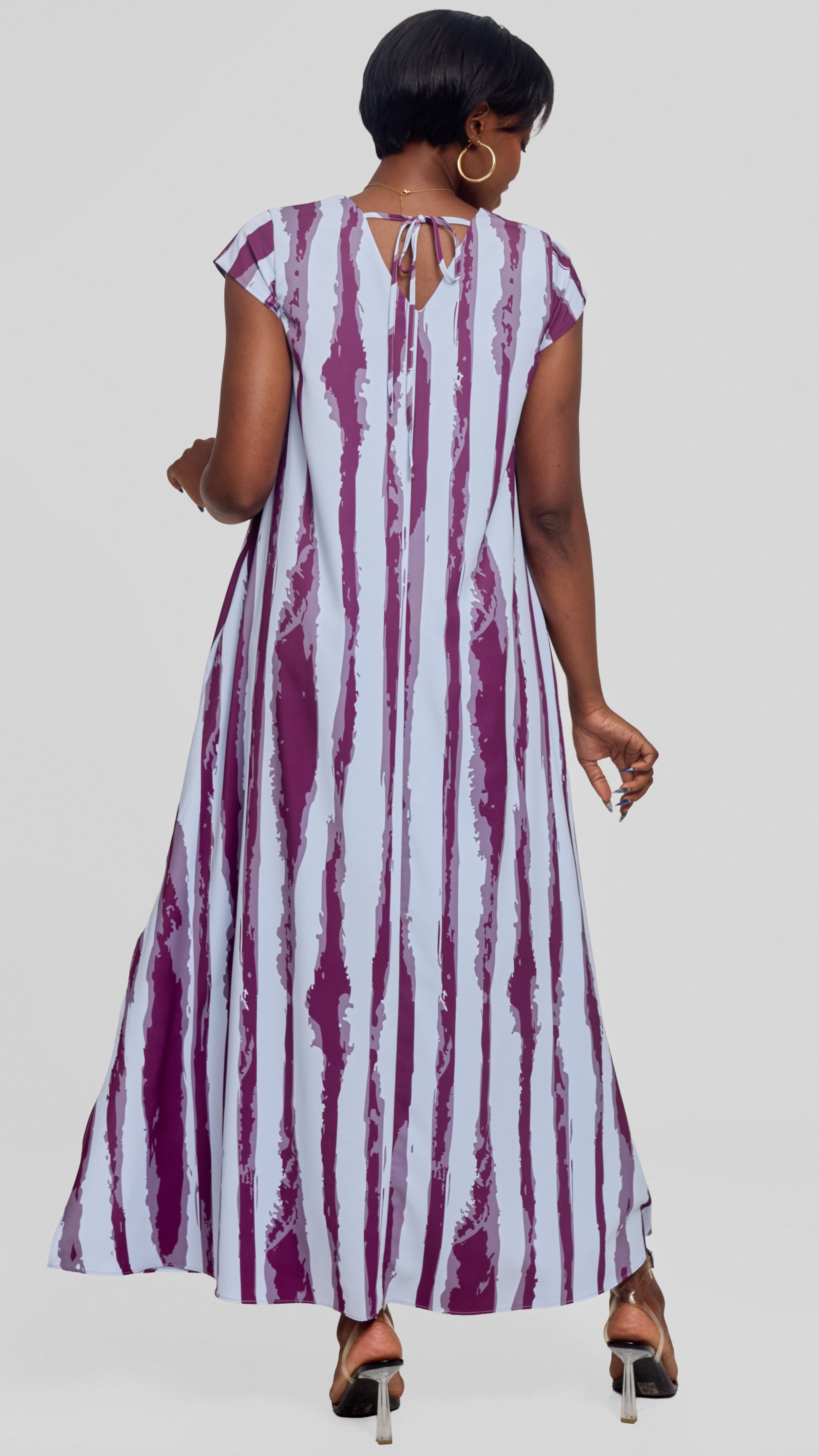 Vivo Kani Cap Sleeve Maxi Dress in Textured Crepe -  Light Blue / Mulberry Tamasha Print