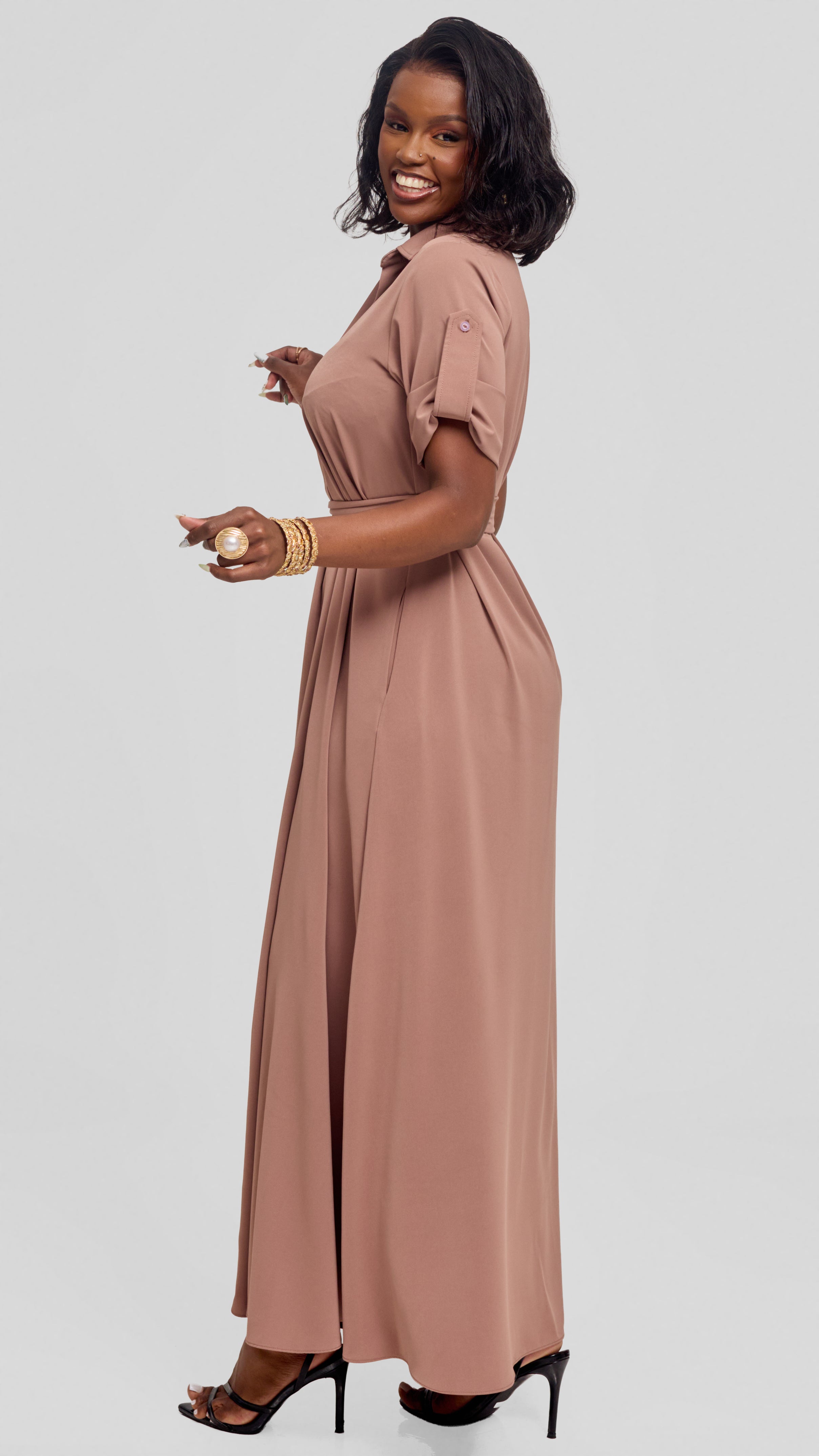 Vivo Yumi Maxi Shirt Dress in Crepe - Taupe
