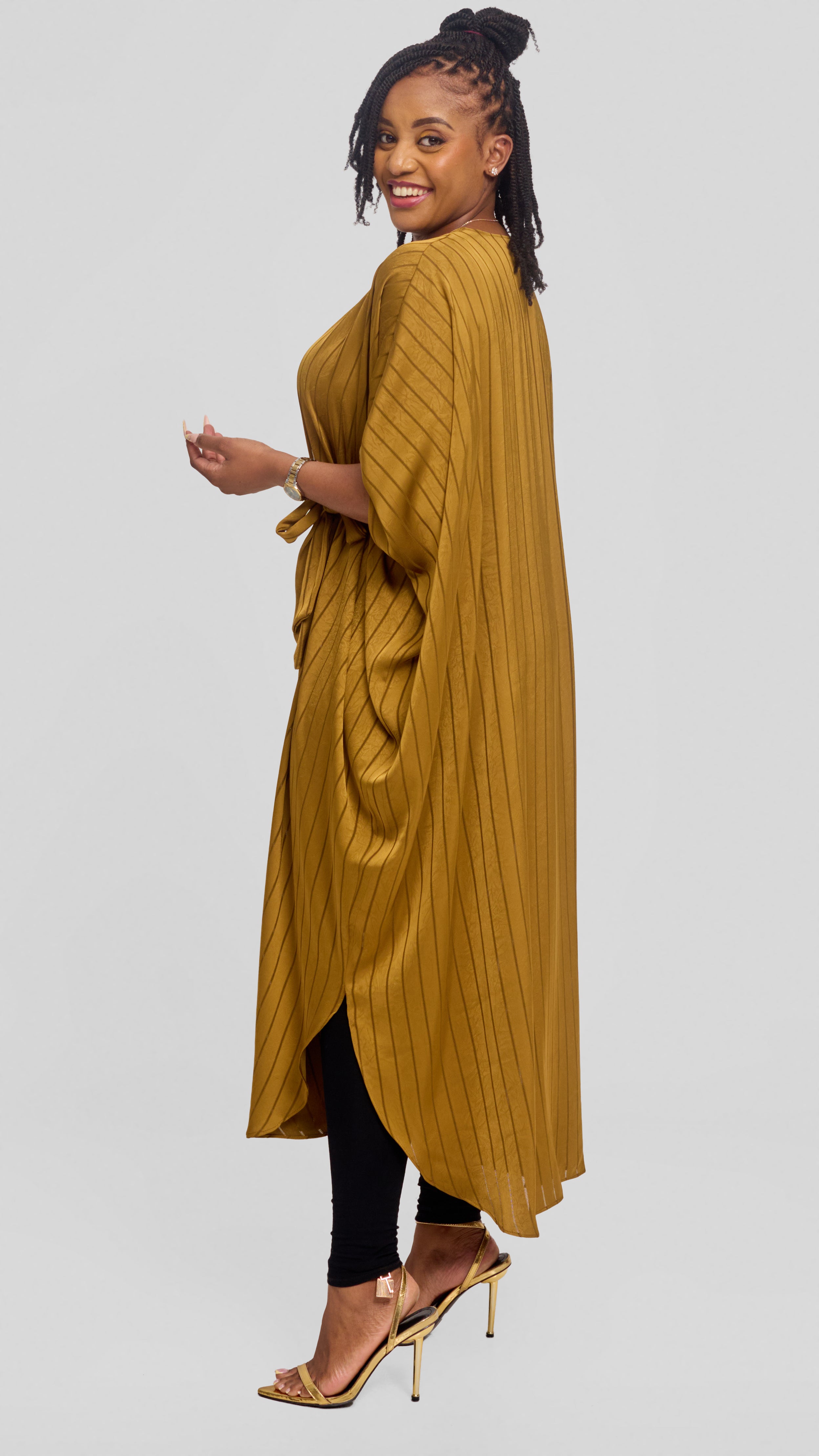 Vivo Scalloped Kimono in Stripped Crepe - Olive Green
