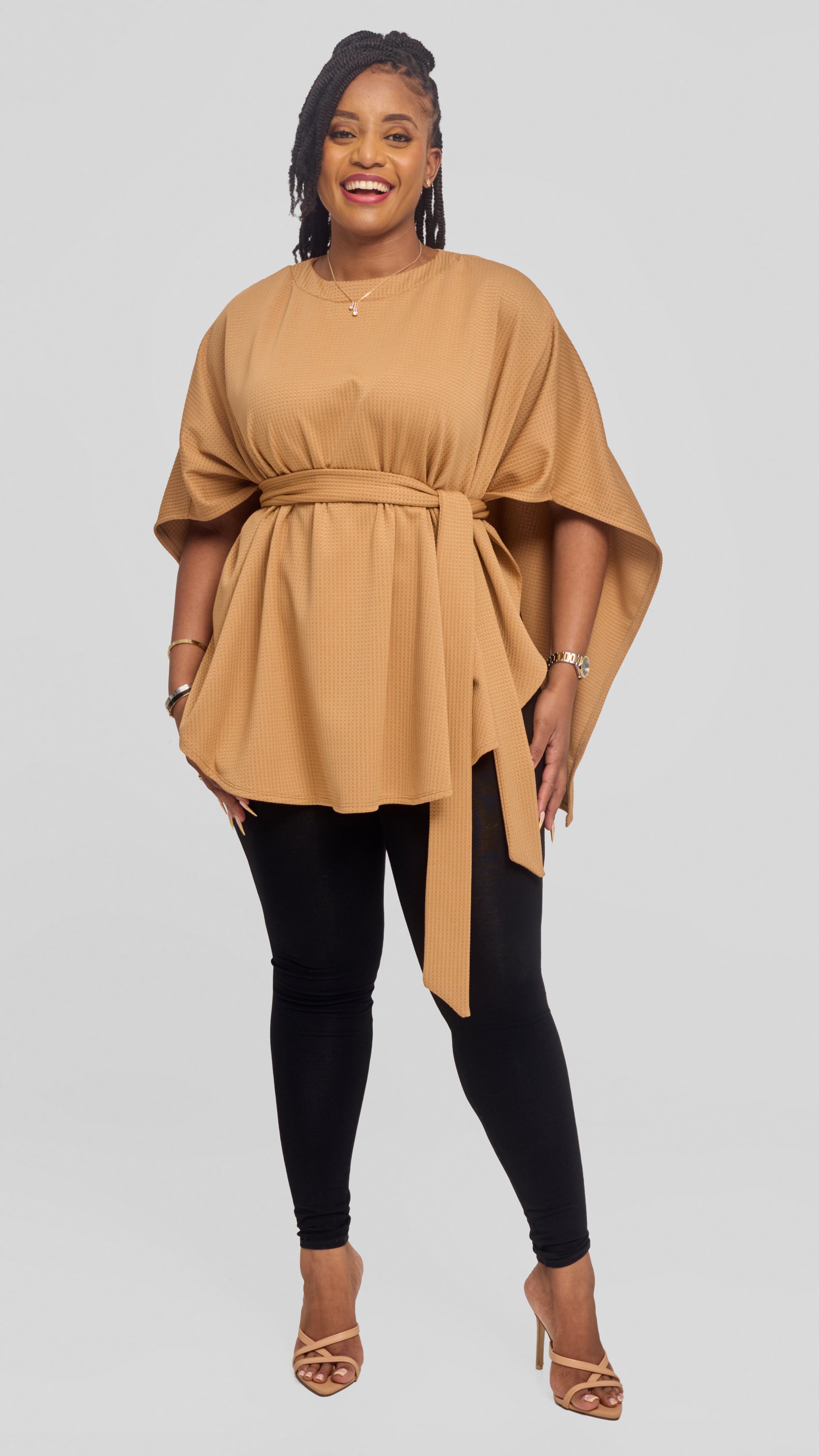 Vivo Cape Poncho in Stretch Rib - Tan
