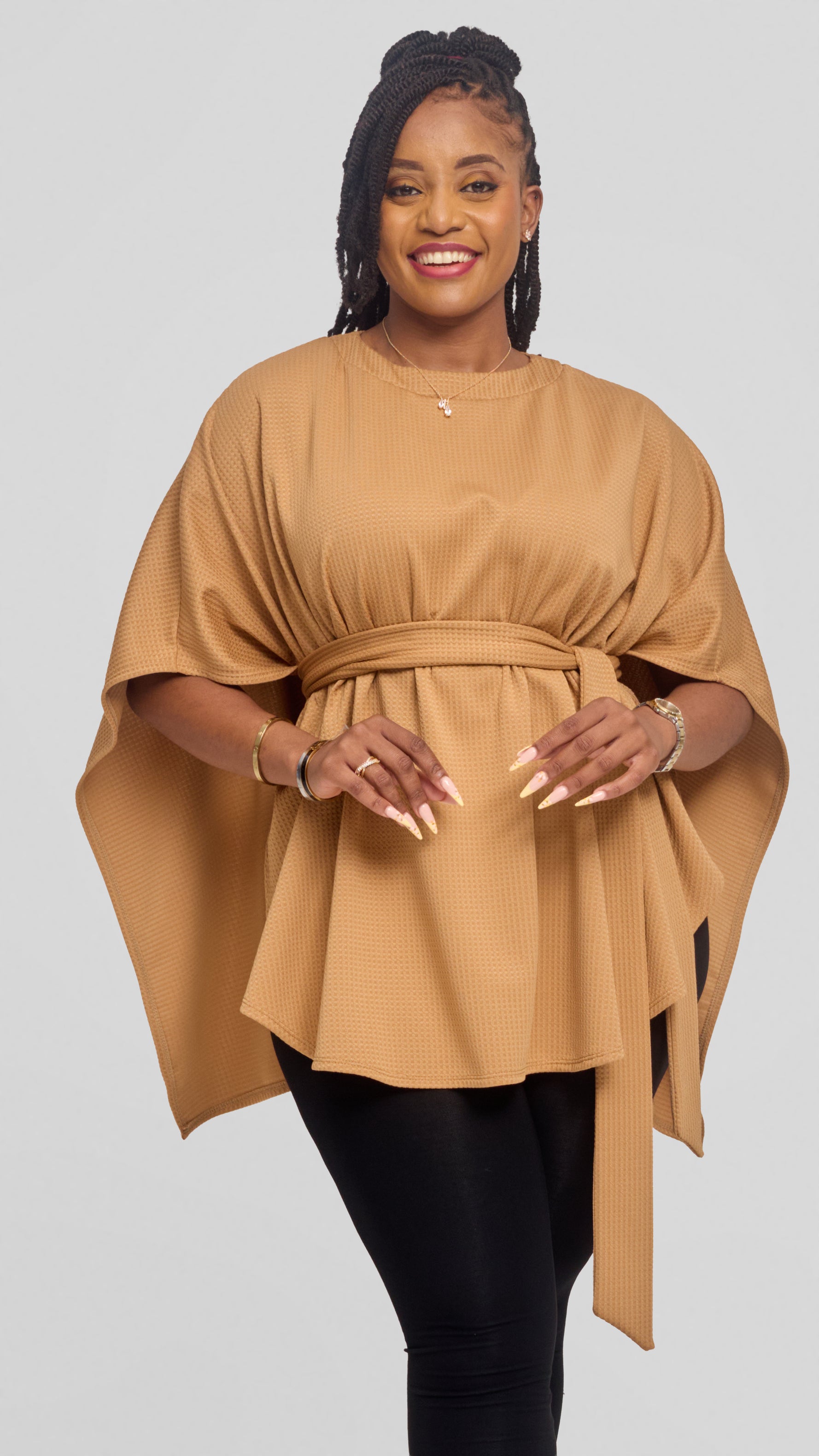 Vivo Cape Poncho in Stretch Rib - Tan
