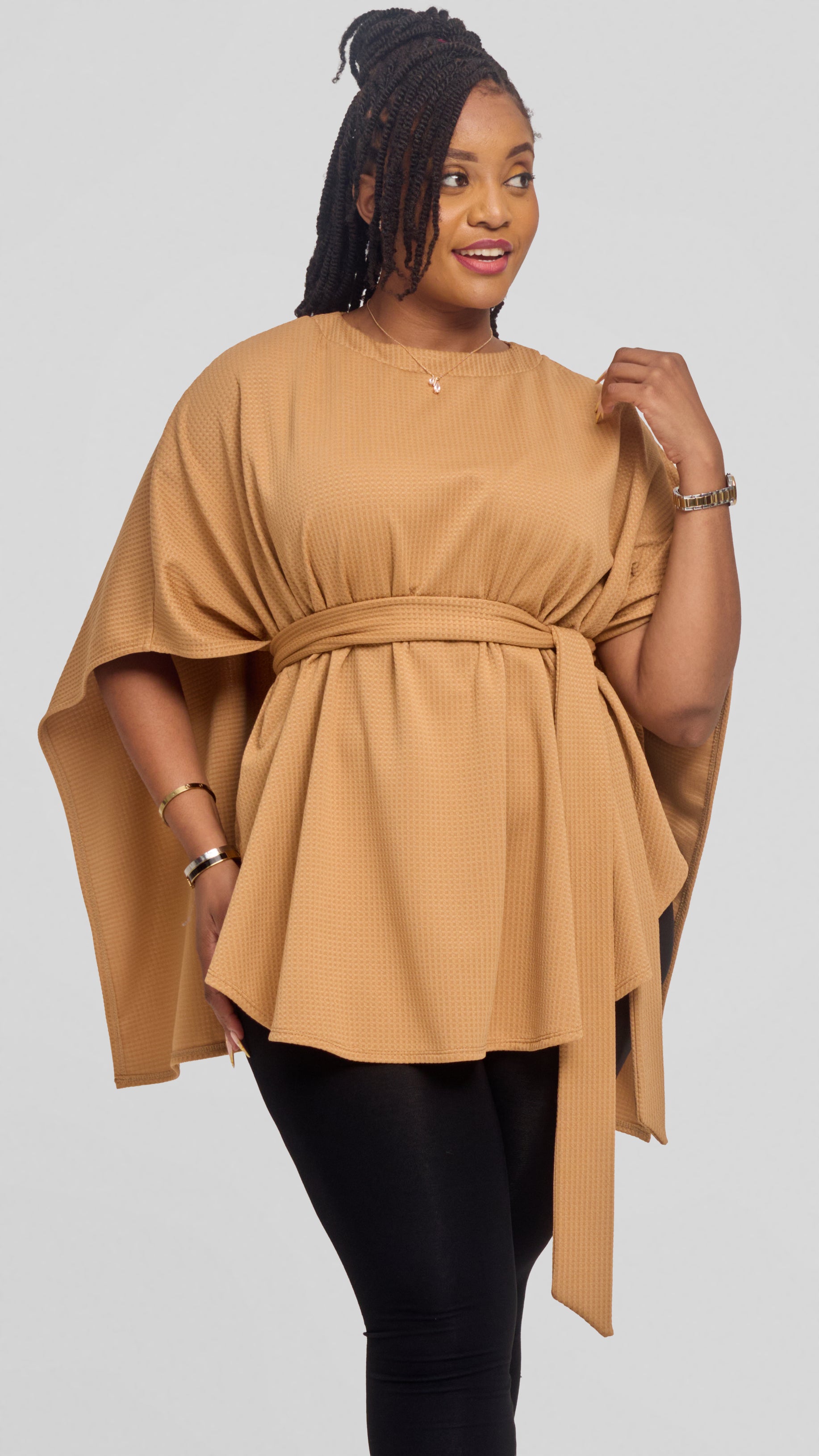 Vivo Cape Poncho in Stretch Rib - Tan