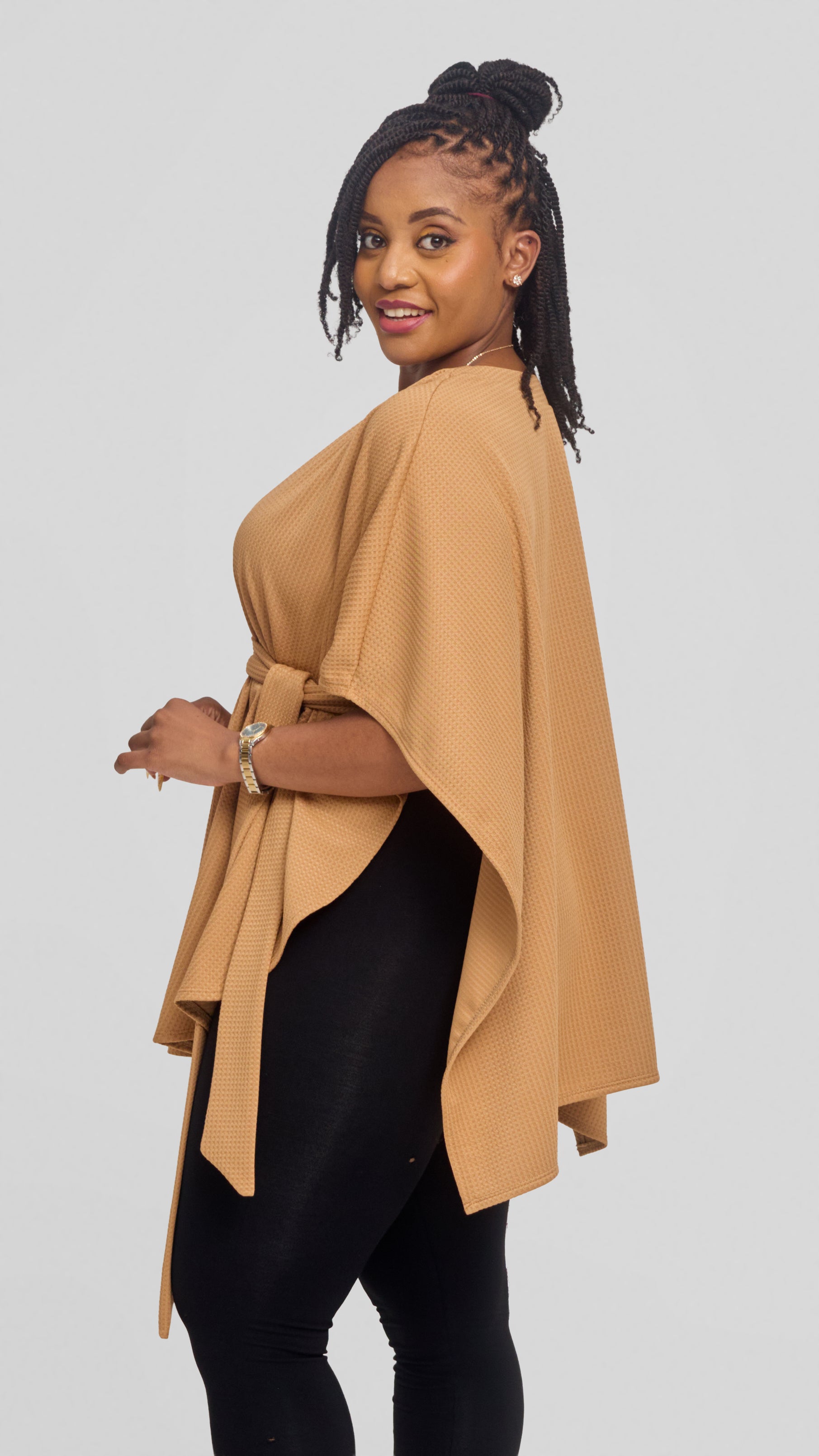 Vivo Cape Poncho in Stretch Rib - Tan