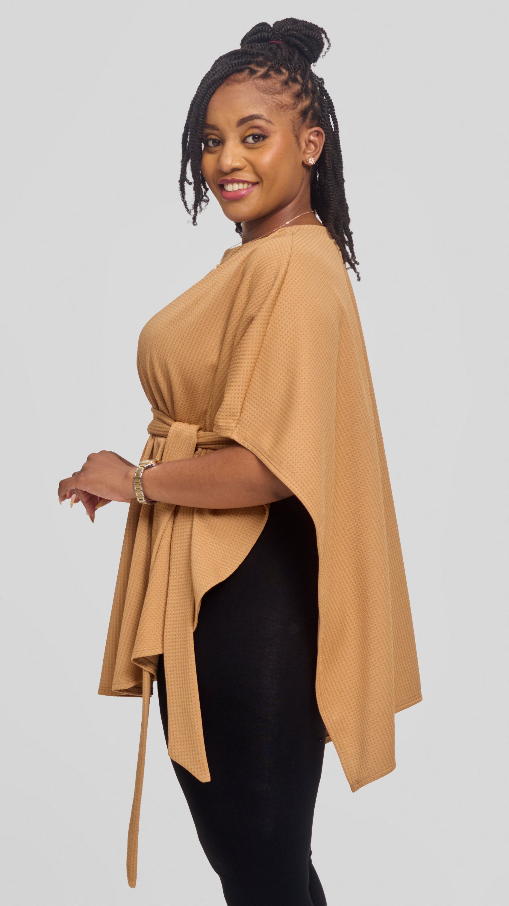 Vivo Cape Poncho in Stretch Rib - Tan