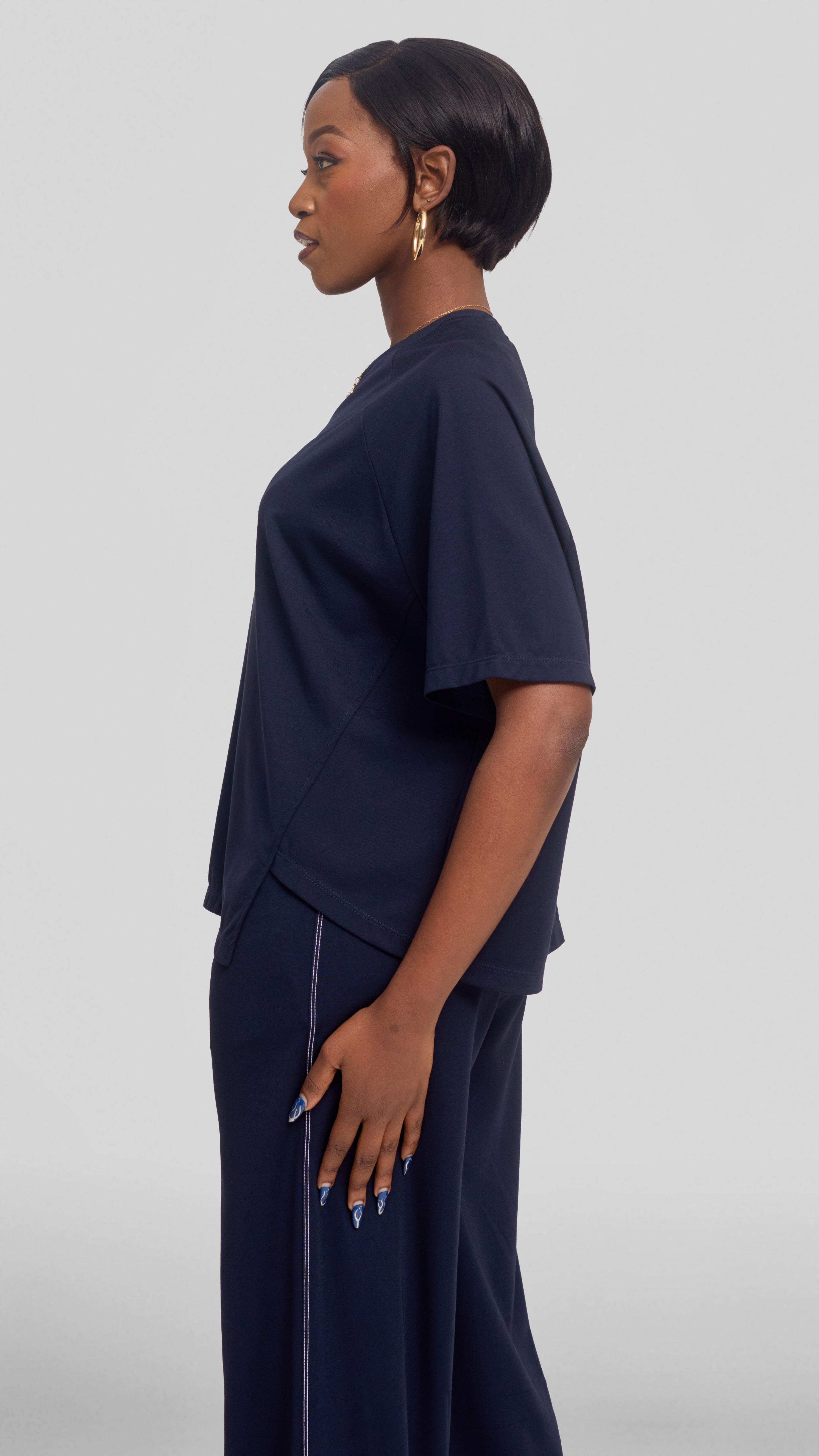 Vivo Contrast Stitch Raglan Sleeve Top in Ponte - Navy Blue