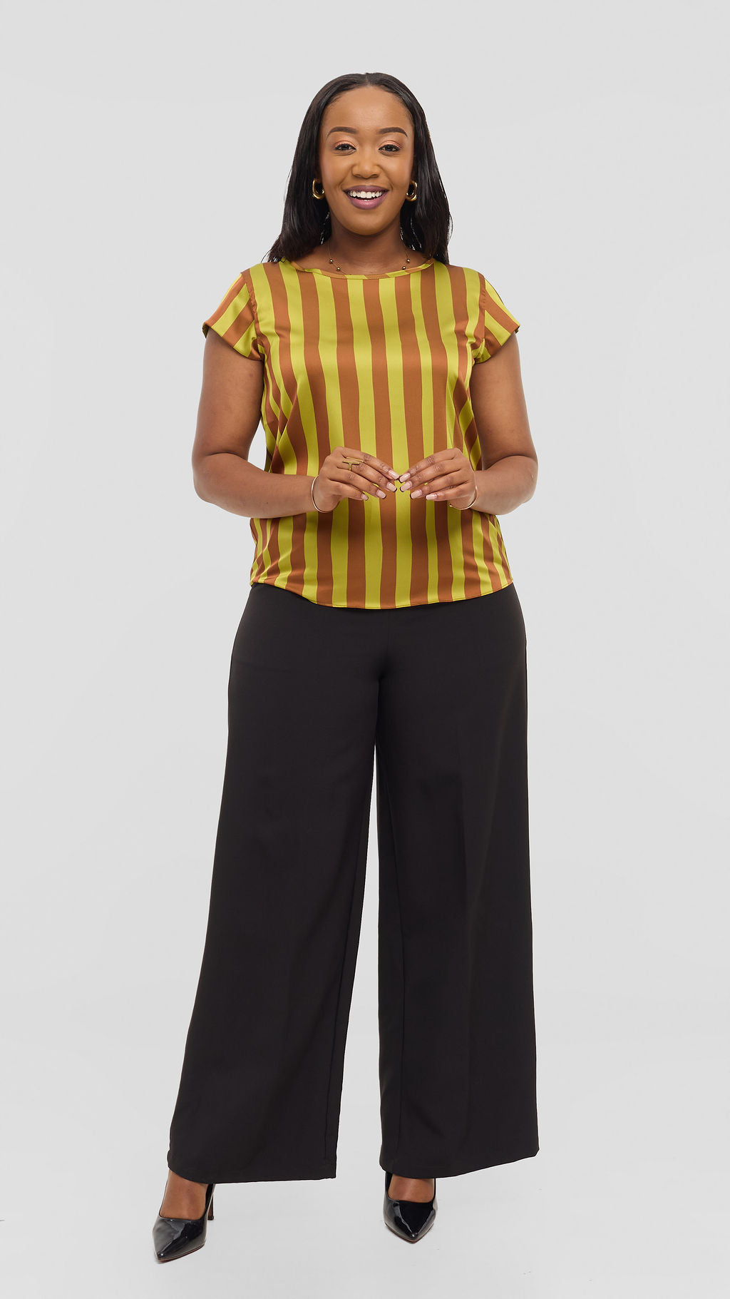 Vivo Basic Cap Sleeve Top in Satin - Olive / Rust Mani Print
