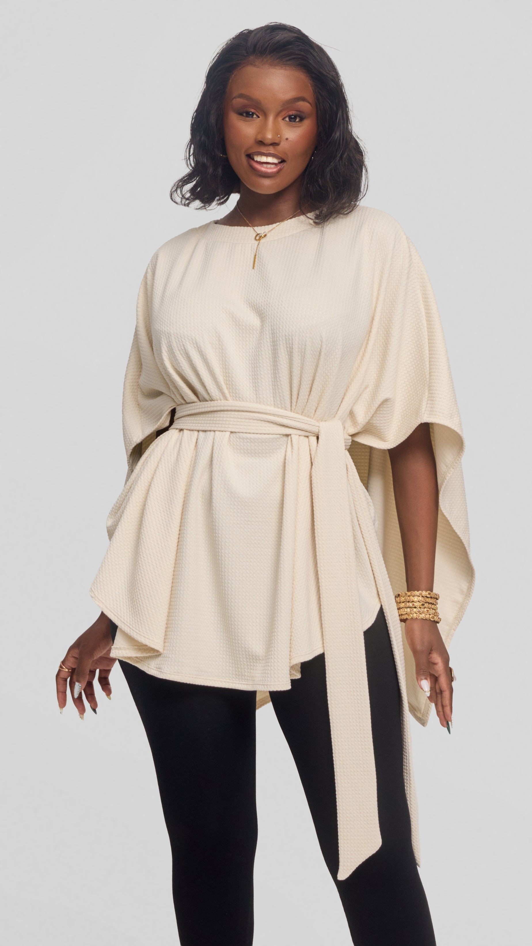 Vivo Cape Poncho in Stretch Rib - Off White