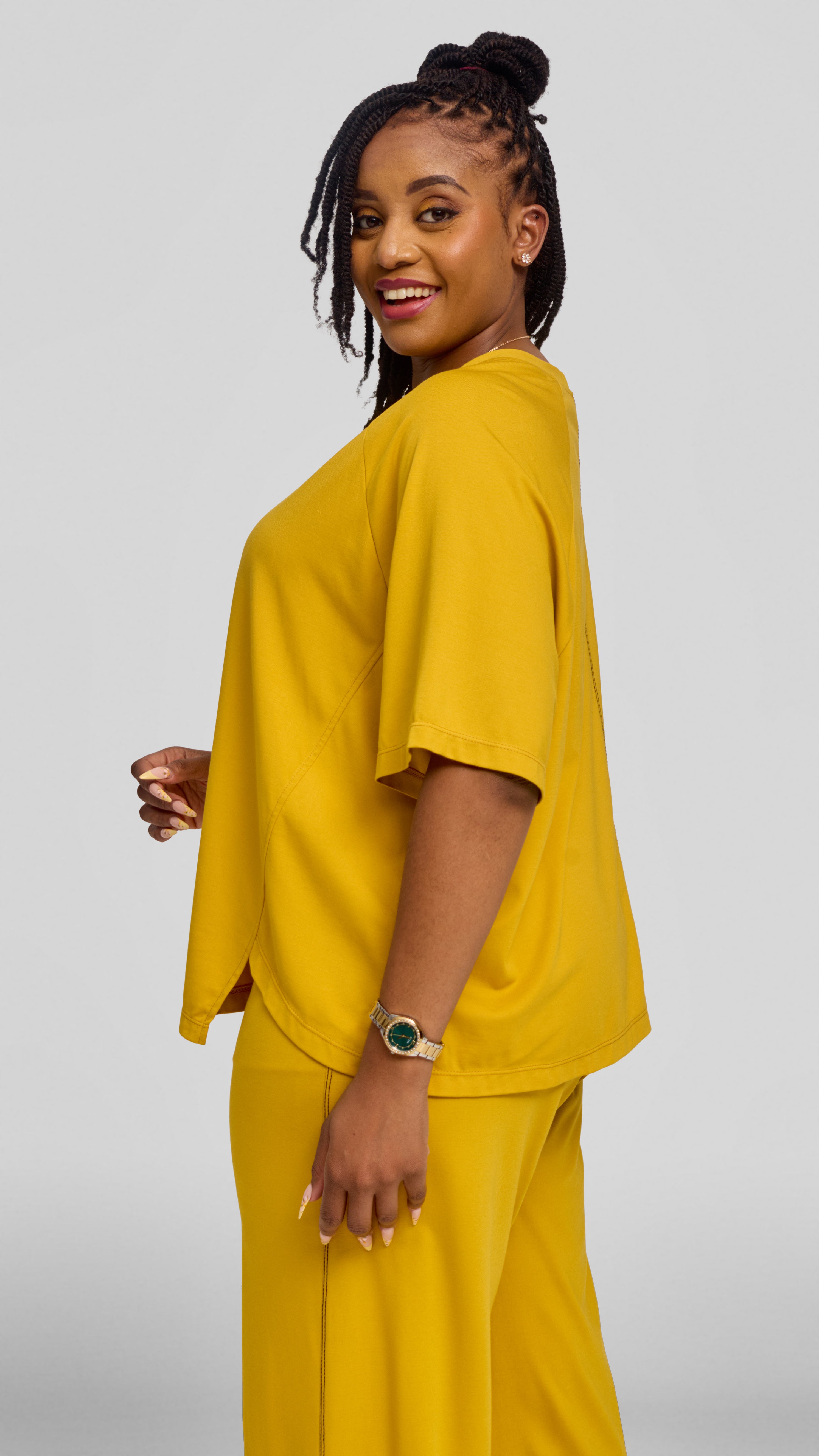 Vivo Contrast Stitch Raglan Sleeve Top in Ponte - Mustard