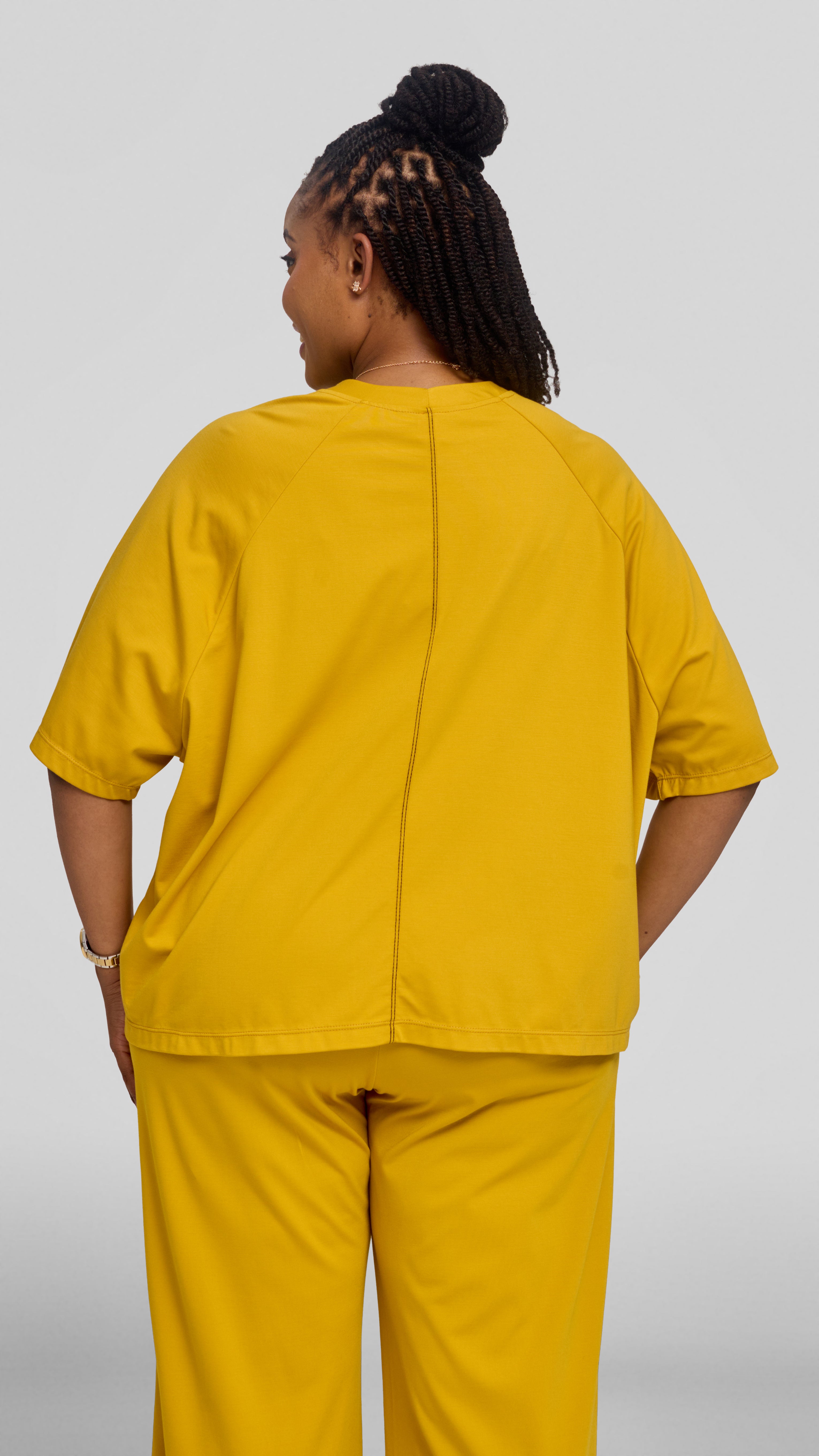 Vivo Contrast Stitch Raglan Sleeve Top in Ponte - Mustard