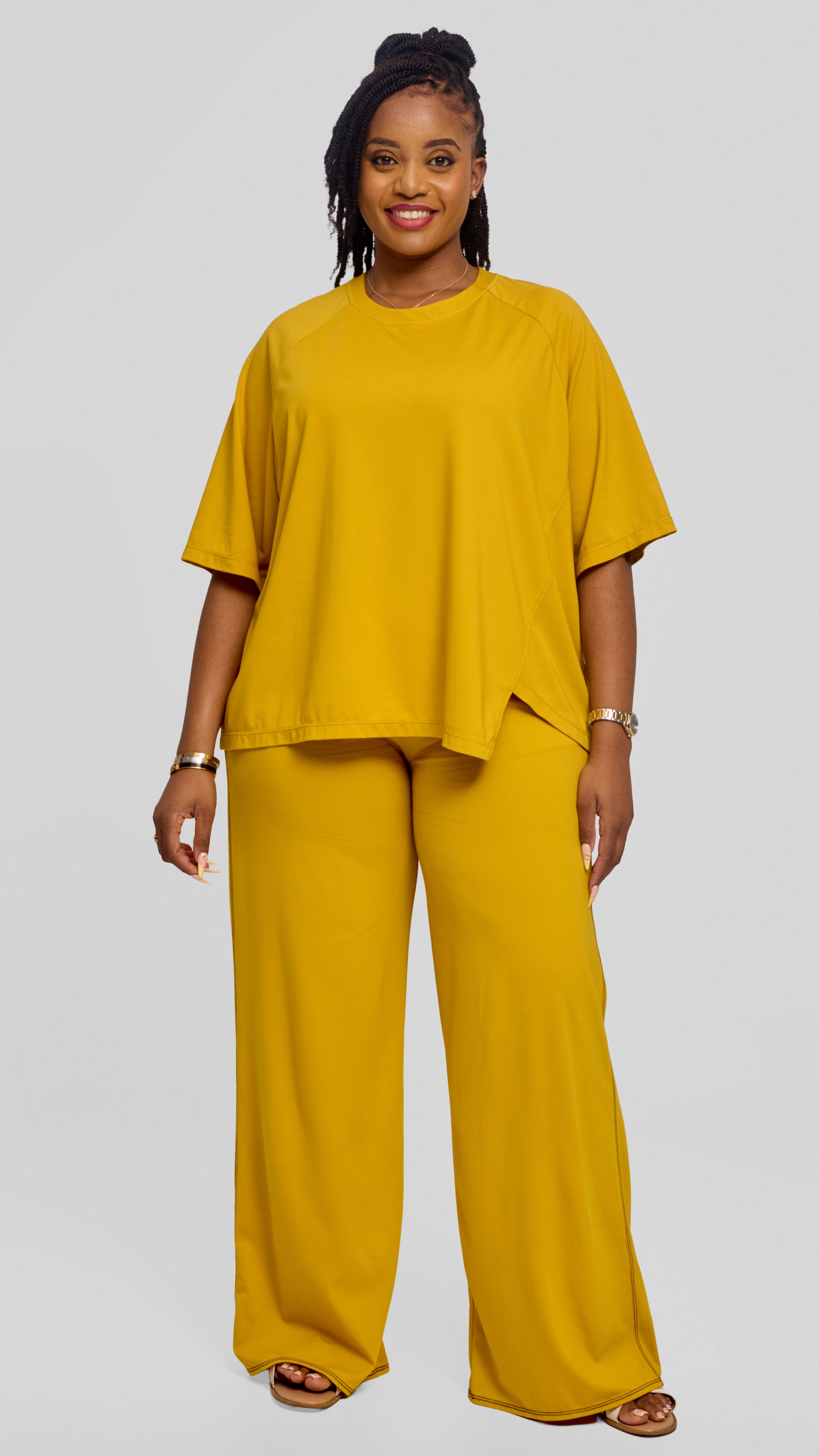 Vivo Contrast Stitch Raglan Sleeve Top in Ponte - Mustard