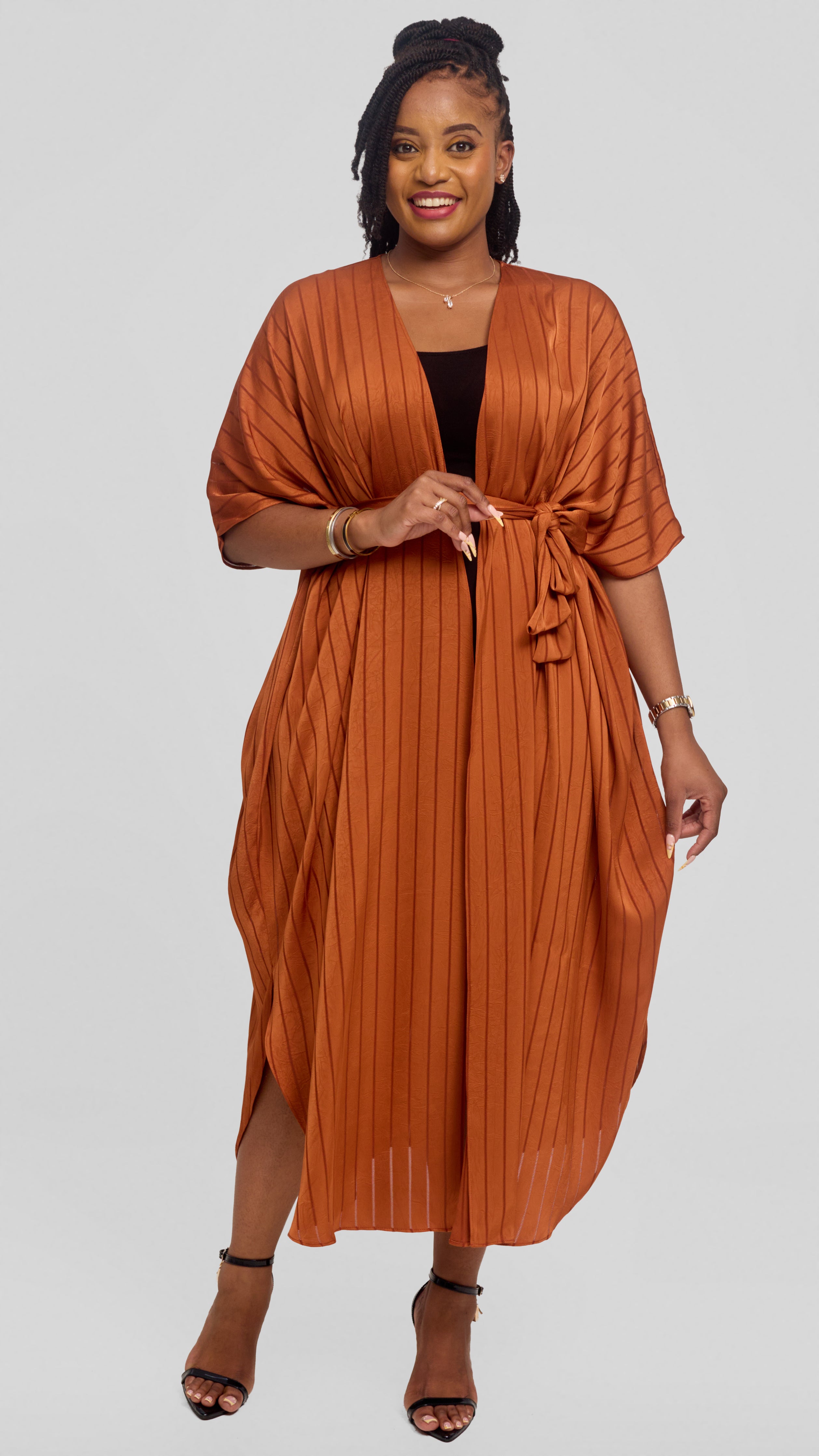 Vivo Scalloped Kimono in Stripped Crepe - Rust