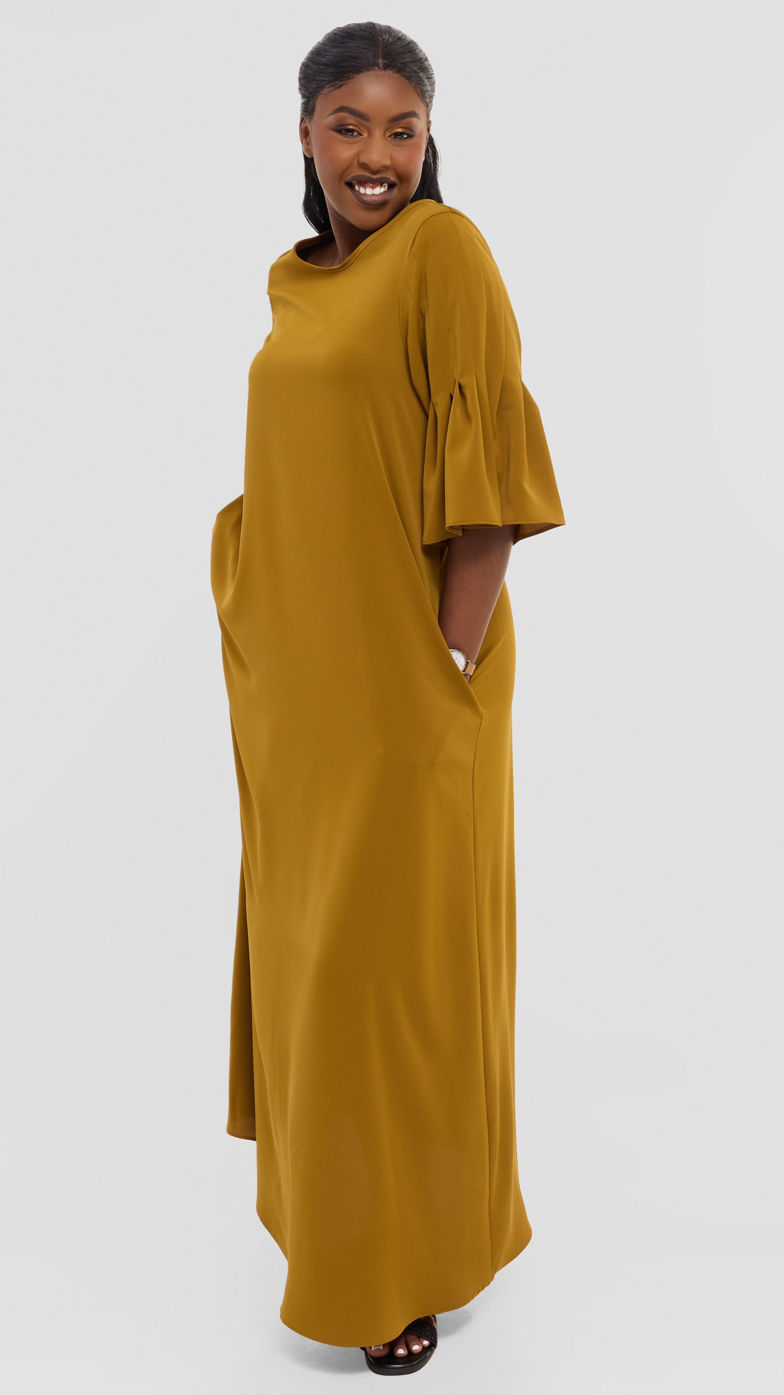 Vivo Pleated Sleeve Maxi Dress in Crepe - Dark Olive