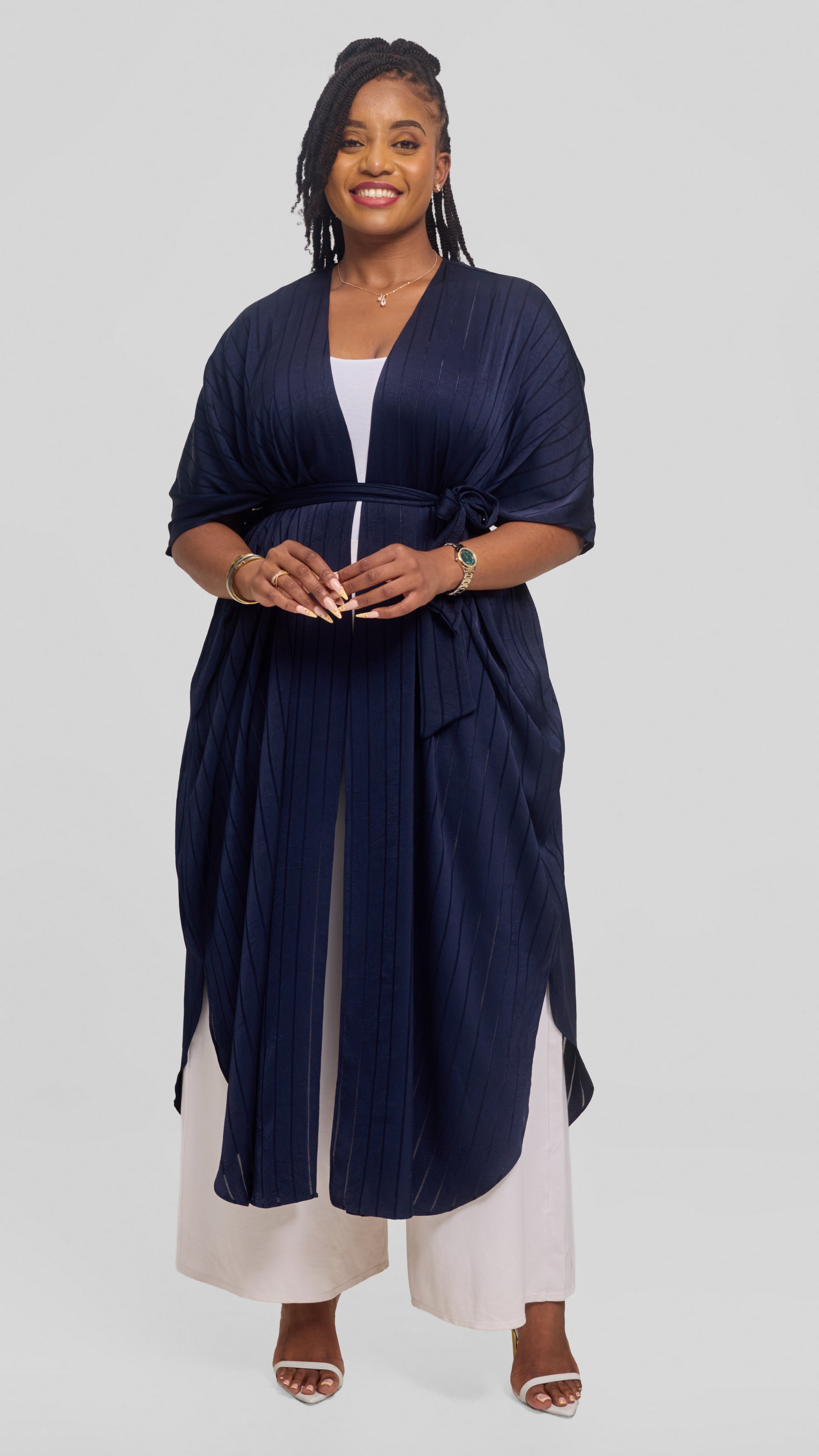 Vivo Scalloped Kimono in Stripped Crepe - Navy Blue